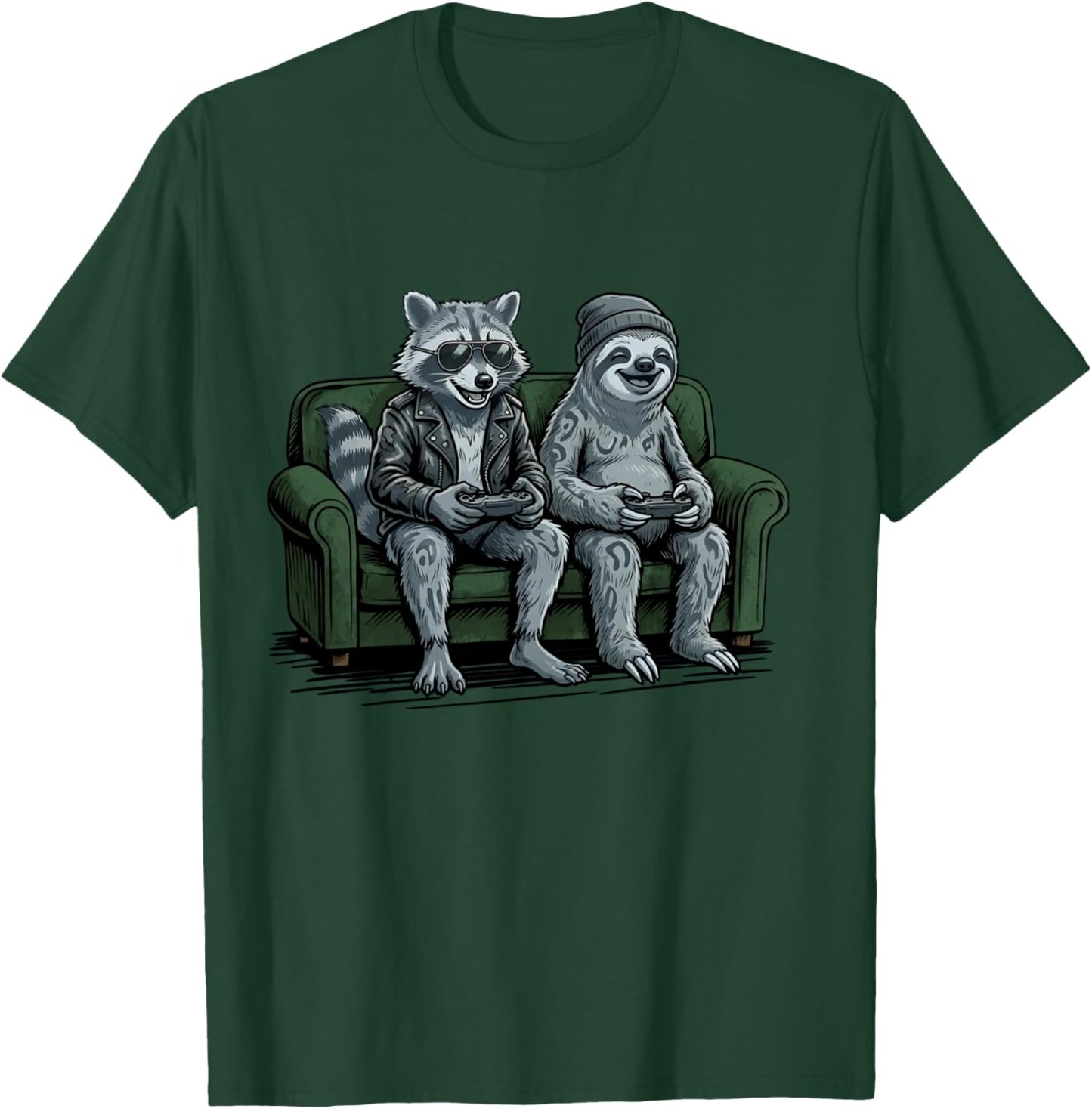 Faultier mit Waschbär Video Spiele beim Gaming Jungen Gamer Langarmshirt T-Shirt - T-Shirt | Forest