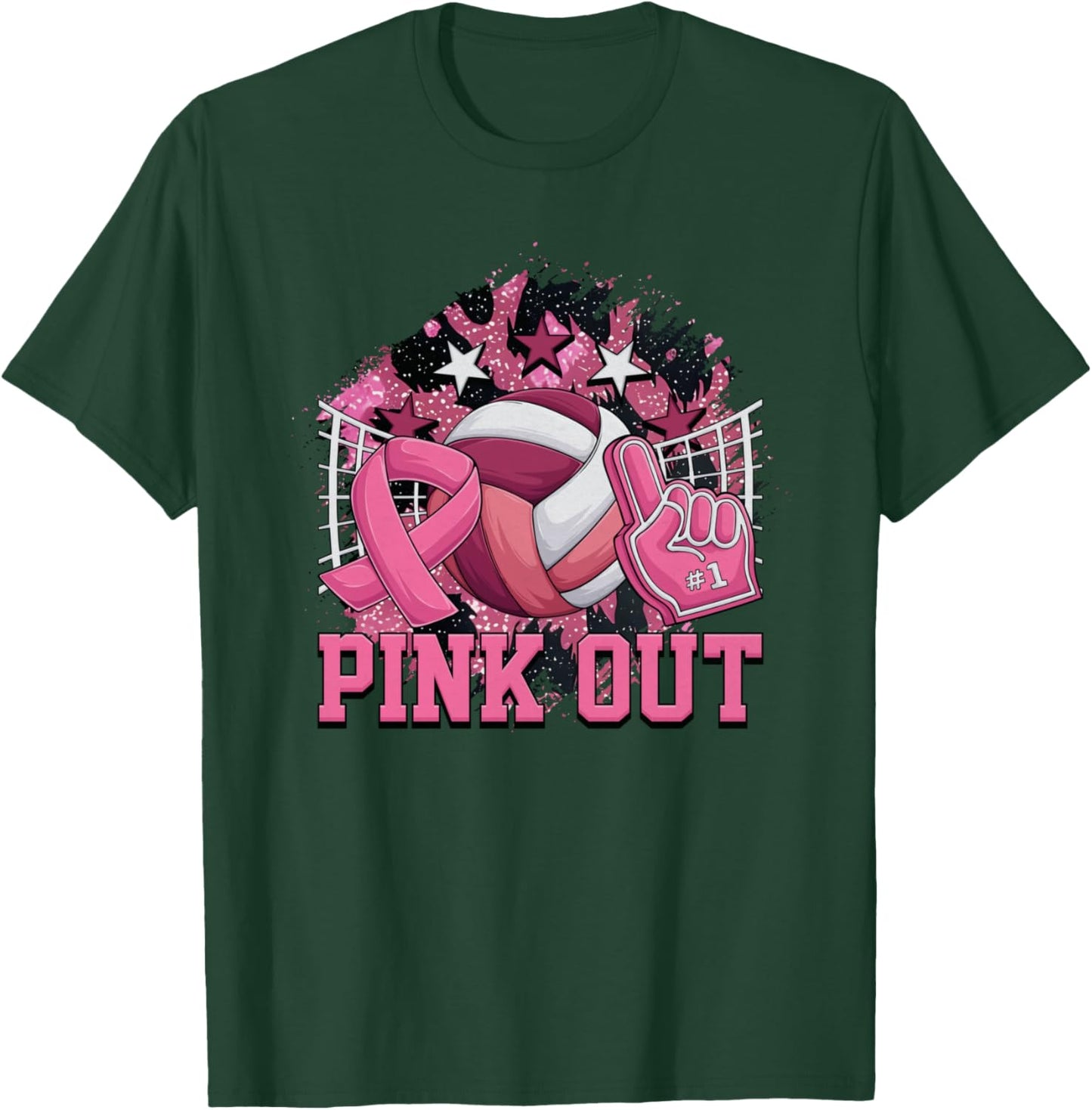 Pink Out Volleyball Ribbon Breast Cancer Awareness T-Shirt - T-Shirt | Forest