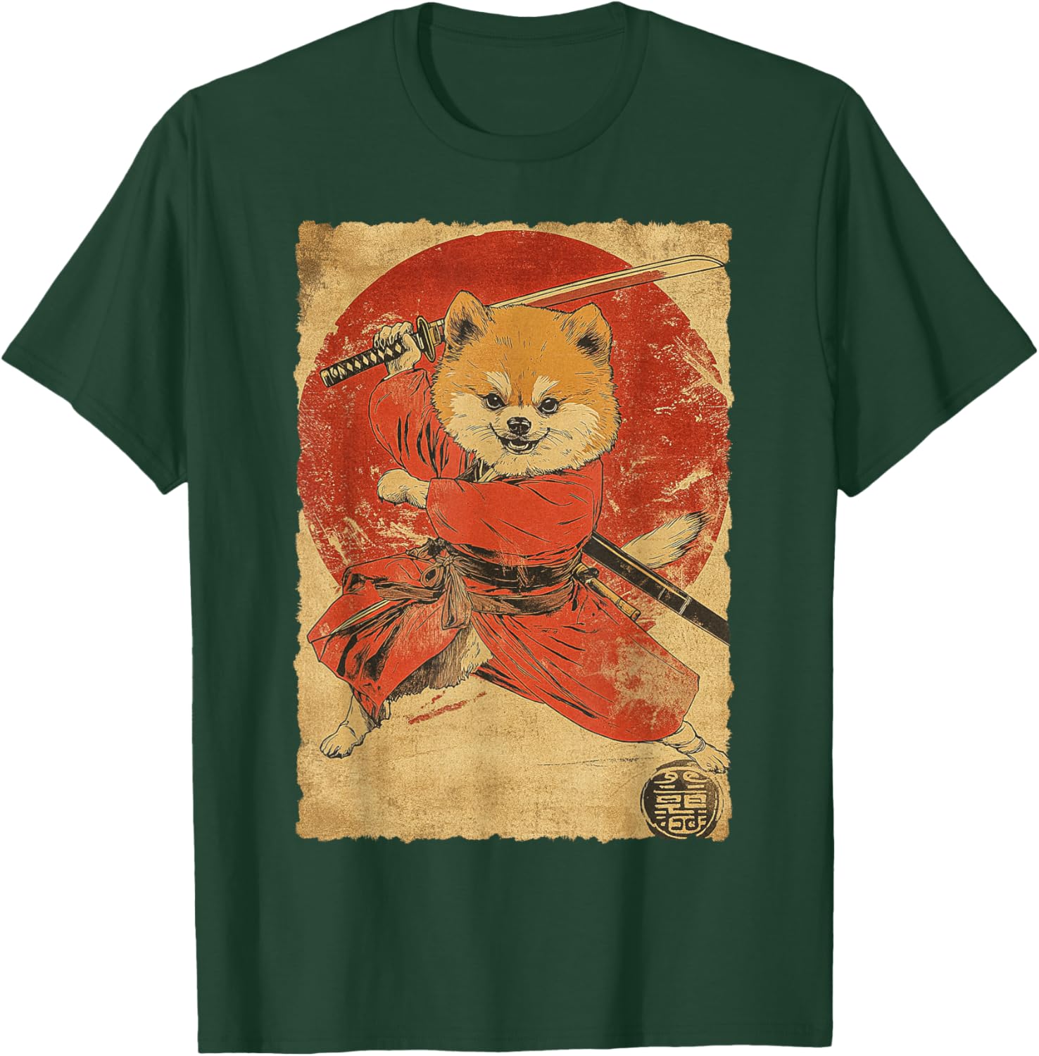 Funny Vintage Japanese Art Pomeranian Dog Ninja Samurai Women Girls Kids T-Shirt - T-Shirt | Forest