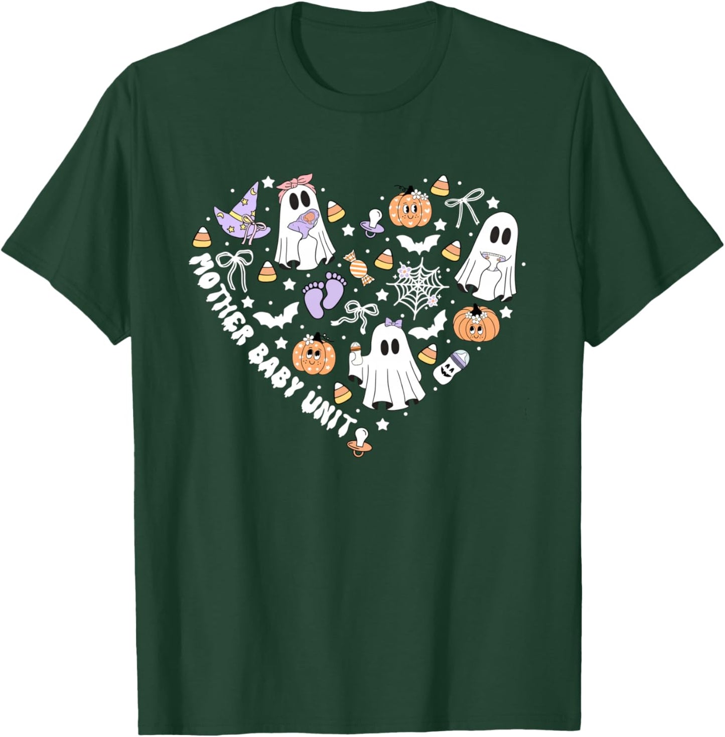 MBU Mother Baby Unit Halloween Heart Fall Postpartum Nurse T-Shirt - T-Shirt | Forest