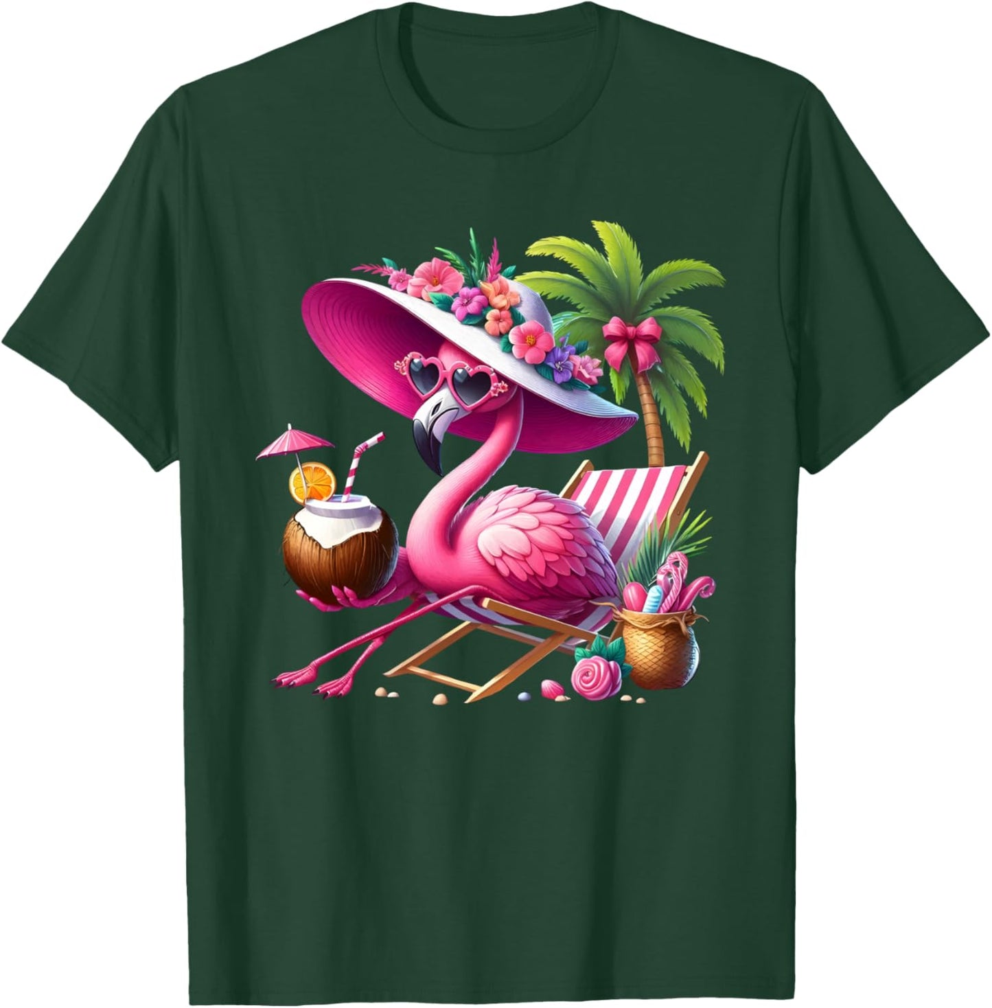 Flamingo Pink Palm Tree Tropical Beach Summer Vacation Women T-Shirt - T-Shirt | Forest