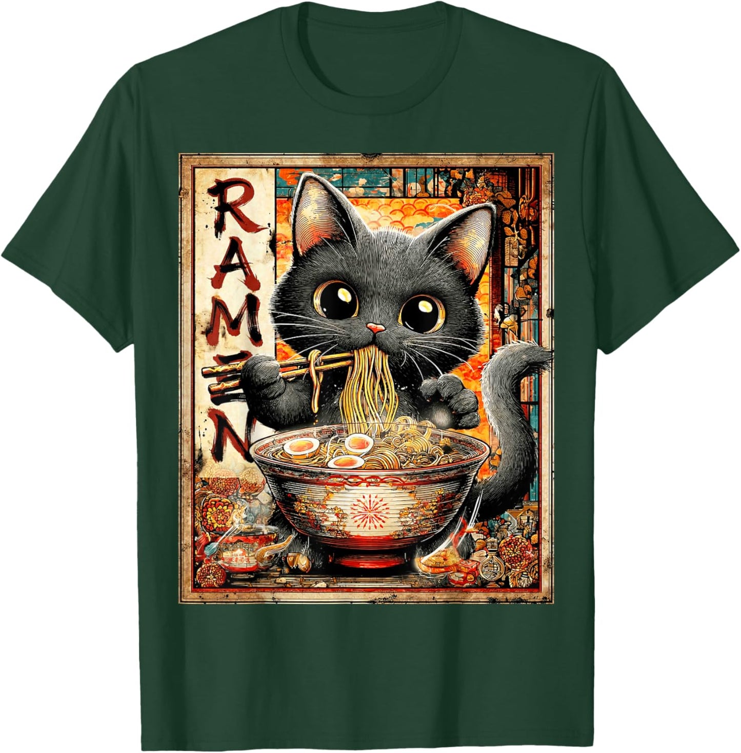 Funny Ramen Cat Anime Otaku Noodles Graphic T-Shirt - T-Shirt | Forest