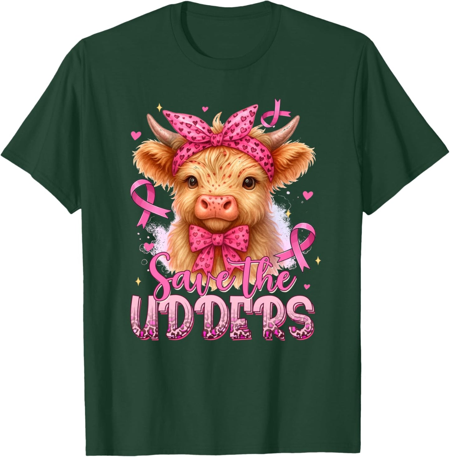 Breast Cancer Awareness Highland Cow Saves The Udders T-Shirt - T-Shirt | Forest