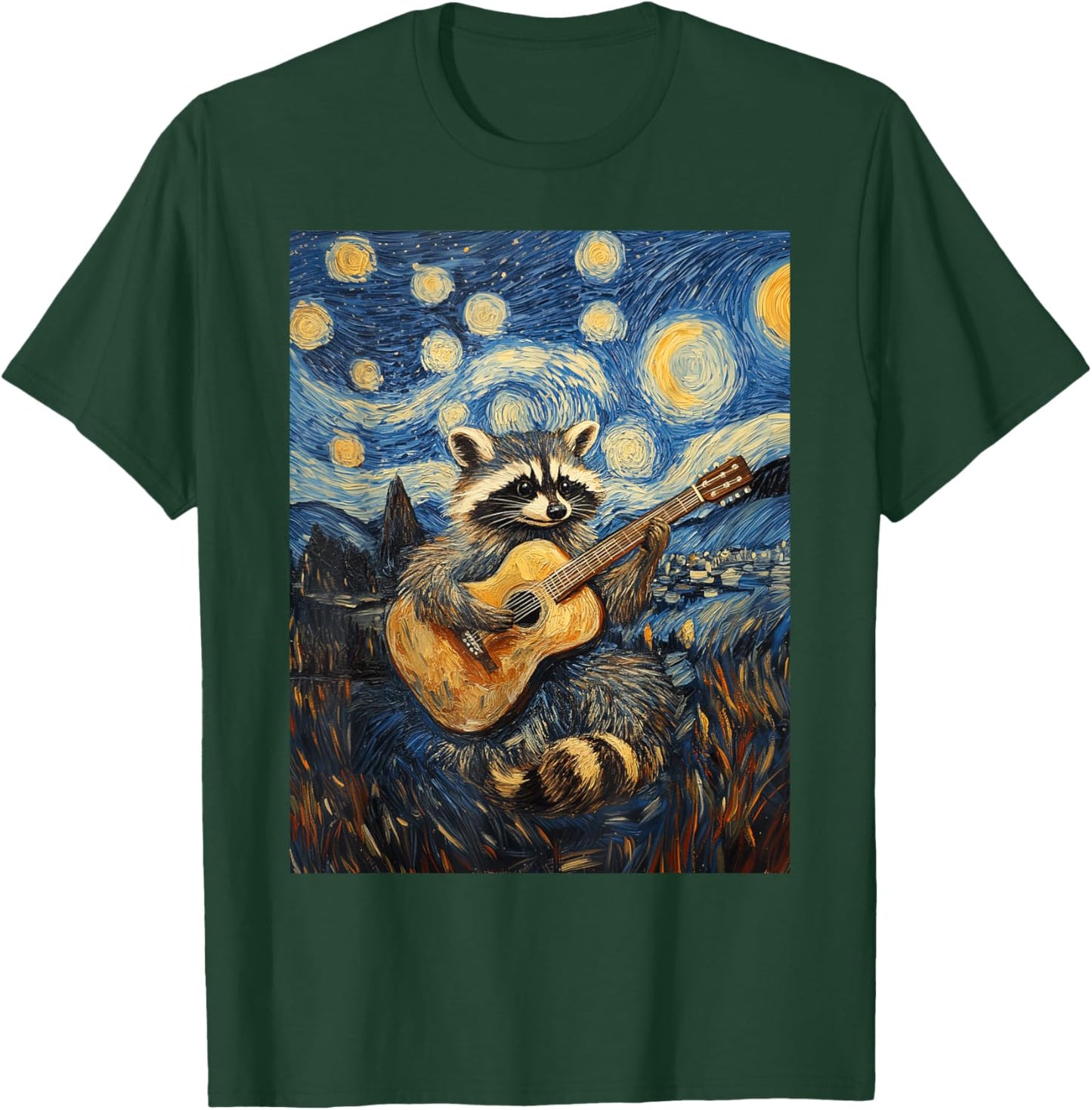 Funny Raccoon Play Guitar Guitarist Starry Night Van Gogh T-Shirt - T-Shirt | Forest