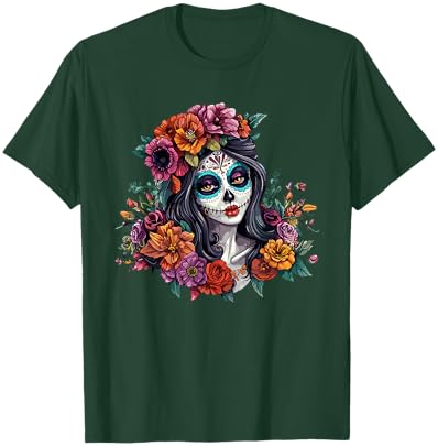 Day of The Dead Sugar Skull Woman Floral Crown T-Shirt - T-Shirt | Forest