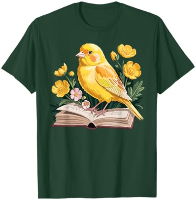 Canary Bird Floral Book Yellow Bird Reading Bookish Teacher T-Shirt - T-Shirt | Forest