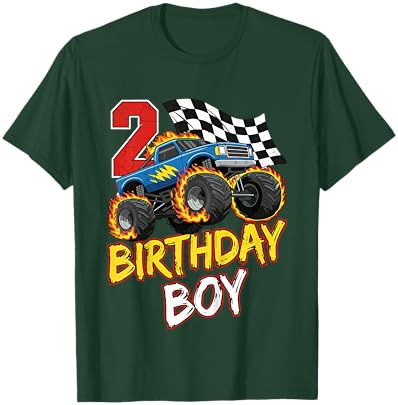 Kids Birthday Monster Truck 2 Year Old Boys 2nd Party Born 2024 T-Shirt - T-Shirt | Forest