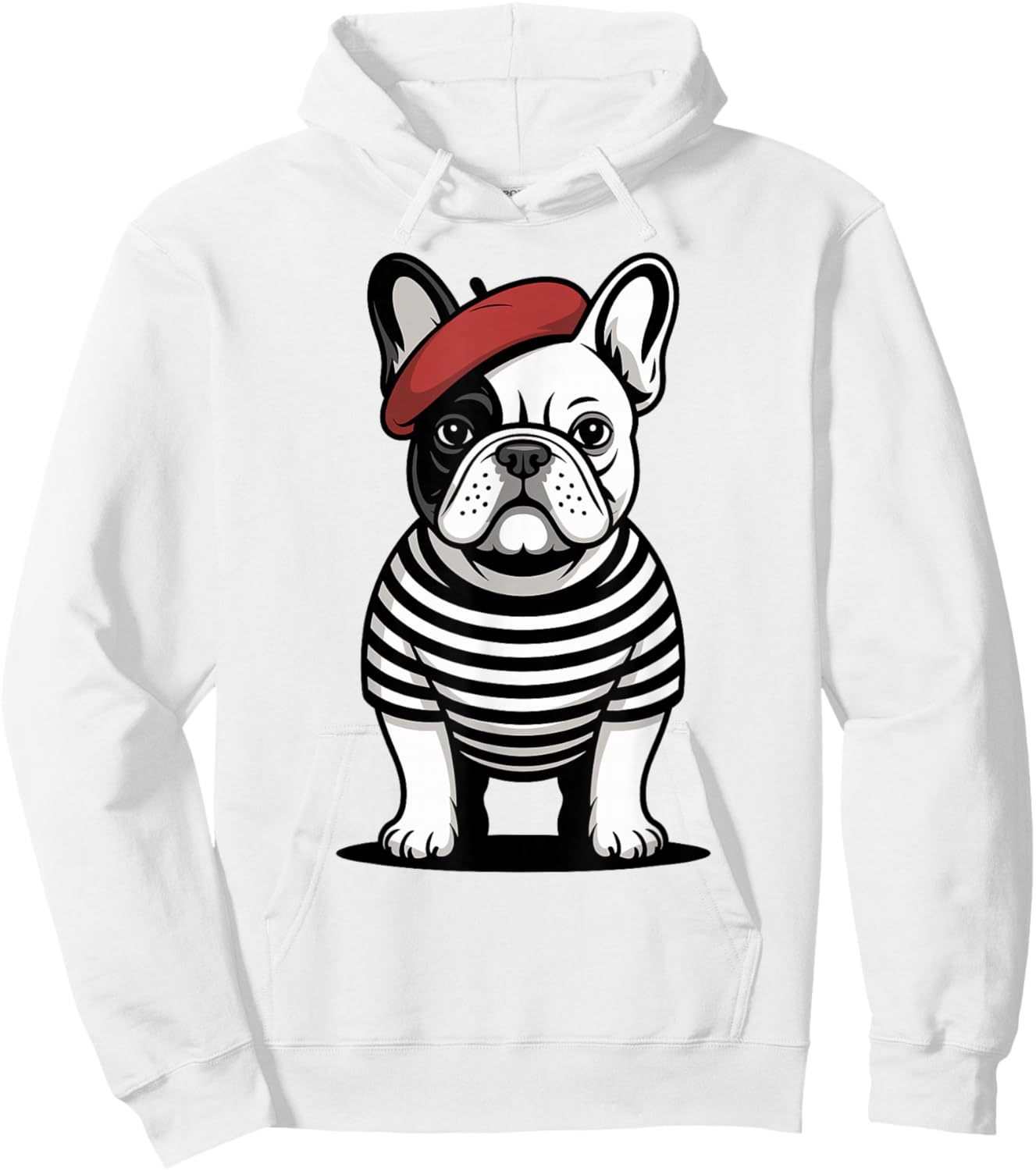 Cute French Bulldog in Striped Shirt, Red Beret Frenchie Dog Hoodie - Hoodie | White