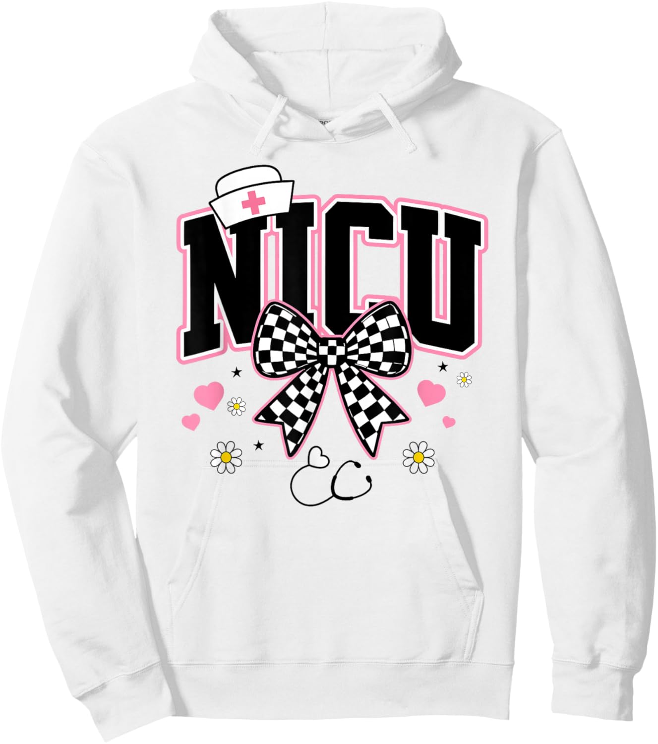 NICU Bow Certified Nursing Checkered Neonatal Care Women Hoodie - Hoodie | White
