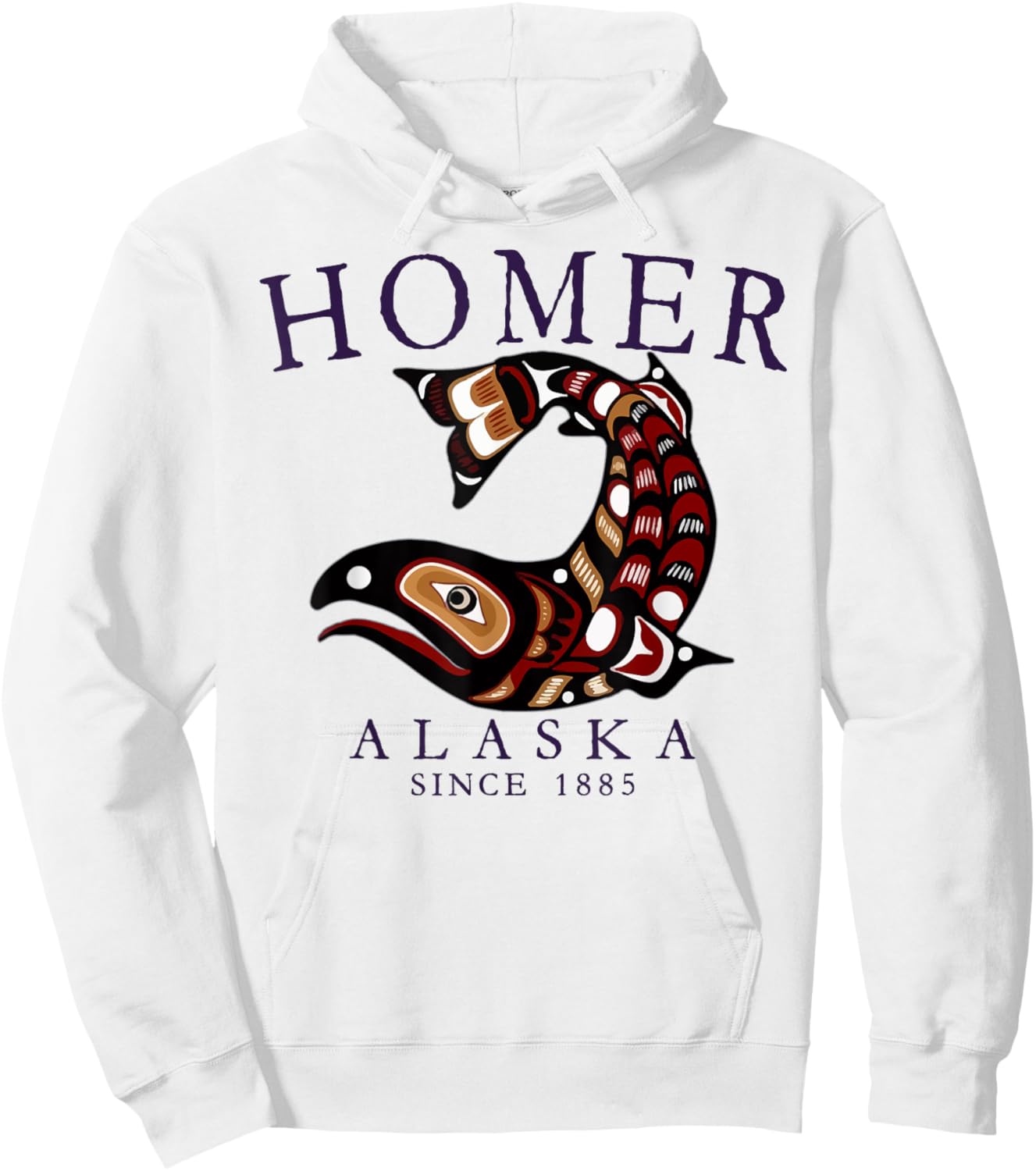 Homer Alaska Tribal Art Salmon Since 1885 Plum Letters Hoodie - Hoodie | White