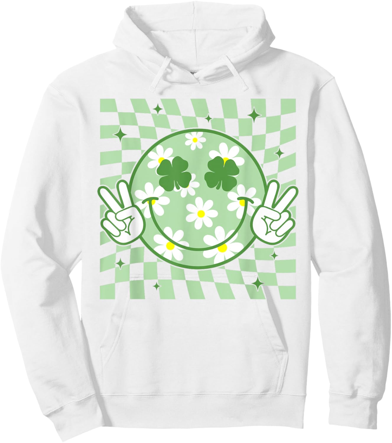 Retro Groovy St Patricks Day Hippie Smile Face Shamrock Hoodie - Hoodie | White