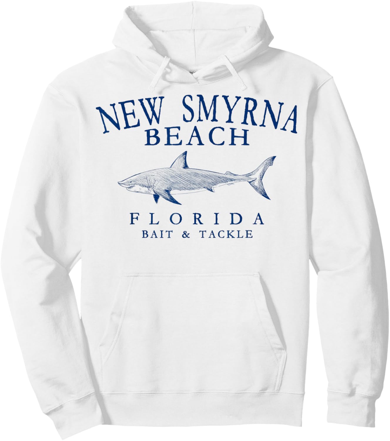 New Smyrna Beach Florida Shark Arched Navy Blue Letters Hoodie - Hoodie | White