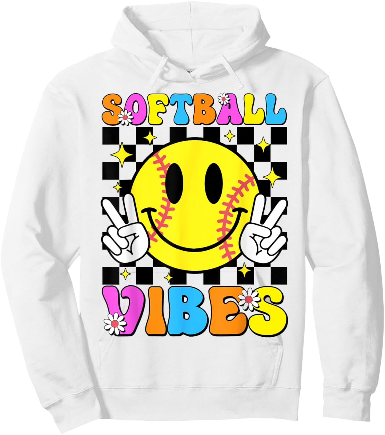 Groovy Softball Vibes Smile Face Checkered Girls Women Hoodie - Hoodie | White