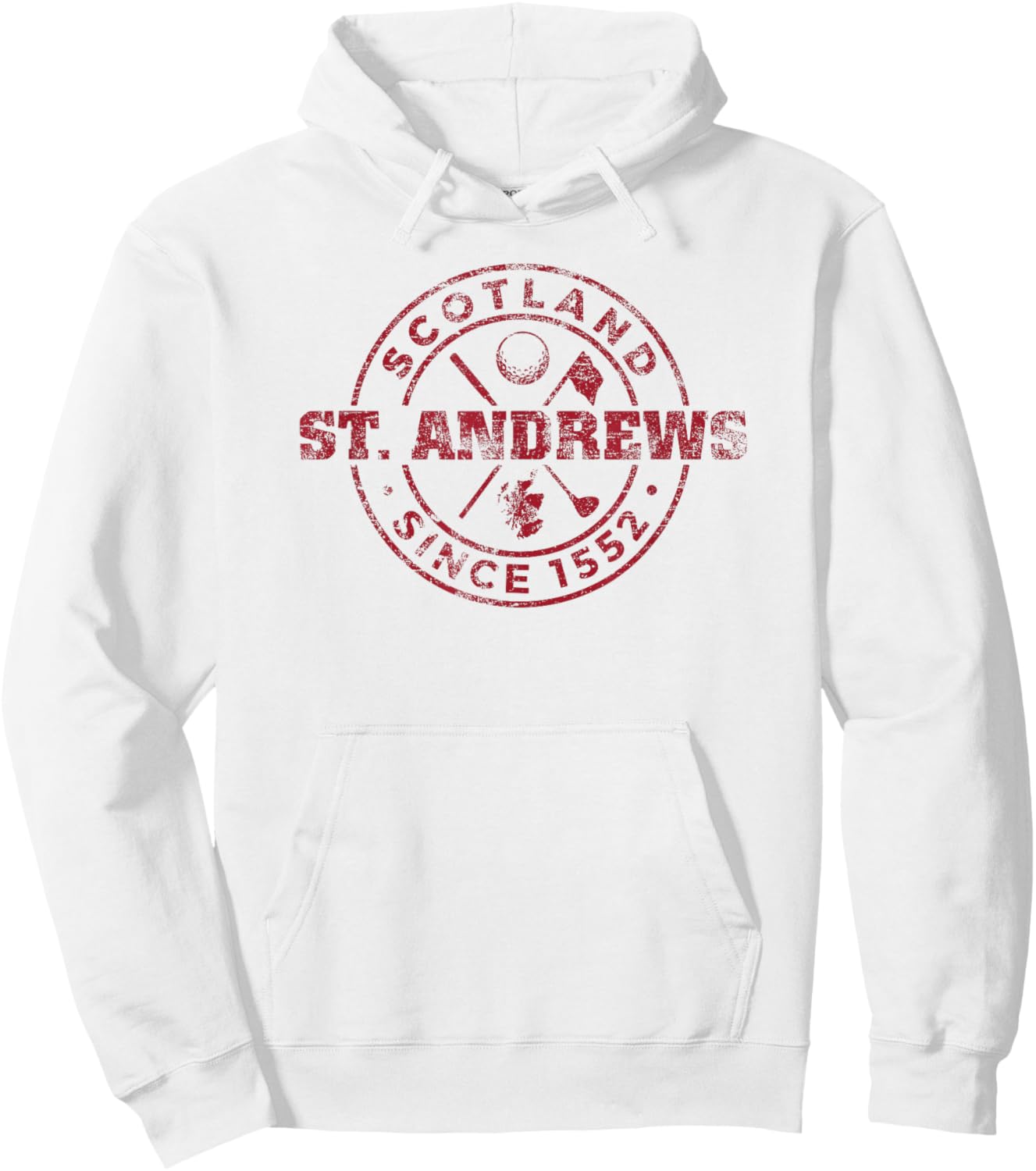 St. Andrews Scotland Golf 1552 Cardinal Imprint Distressed Hoodie - Hoodie | White
