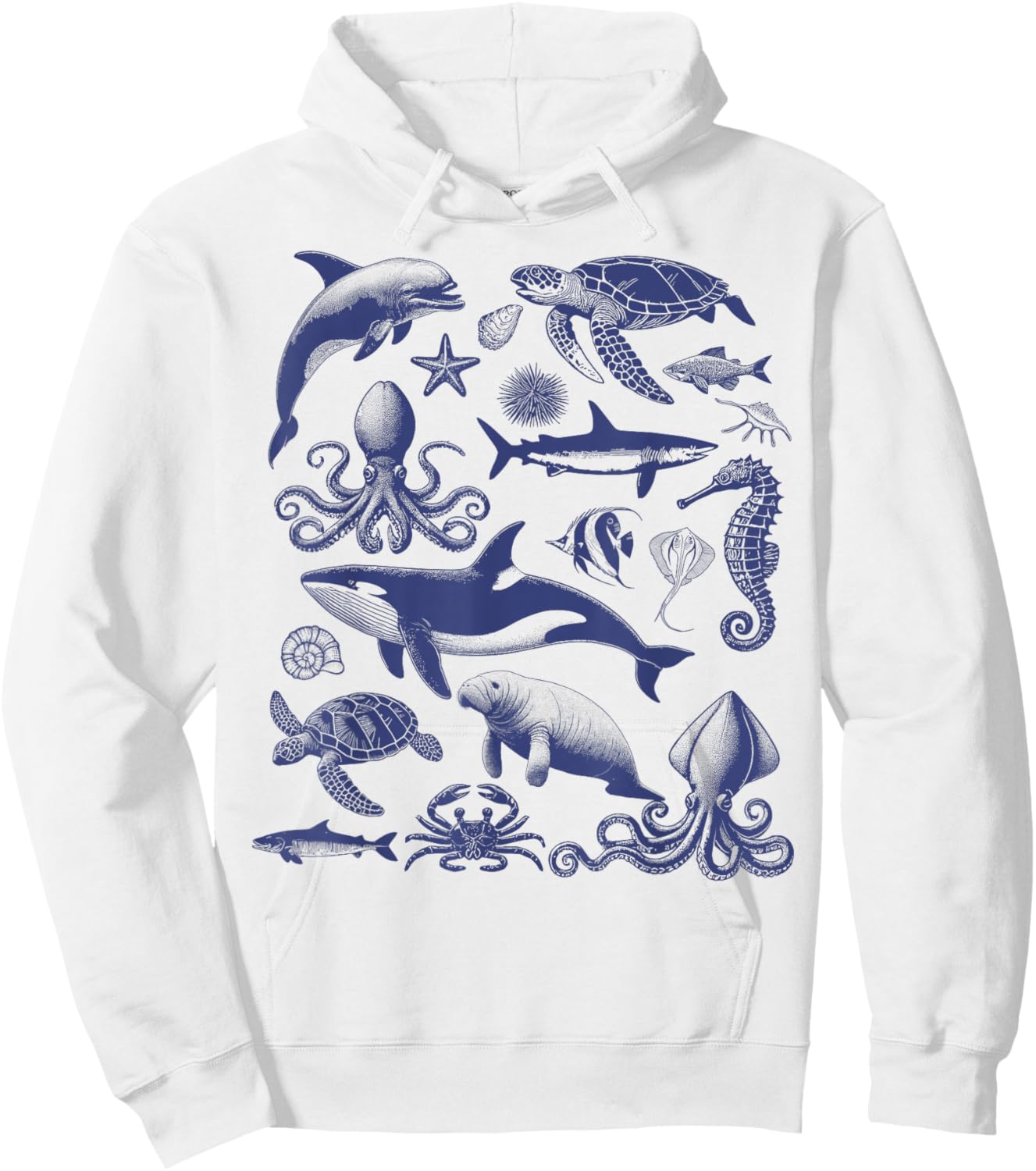 Ocean Wildlife Vintage Shark Turtle Octopus Graphic Hoodie - Hoodie | White