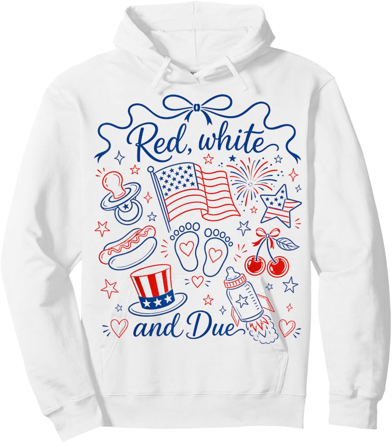 Red White and Due 4th of July Pregnancy Reveal Coquette Bow Hoodie - Hoodie | White
