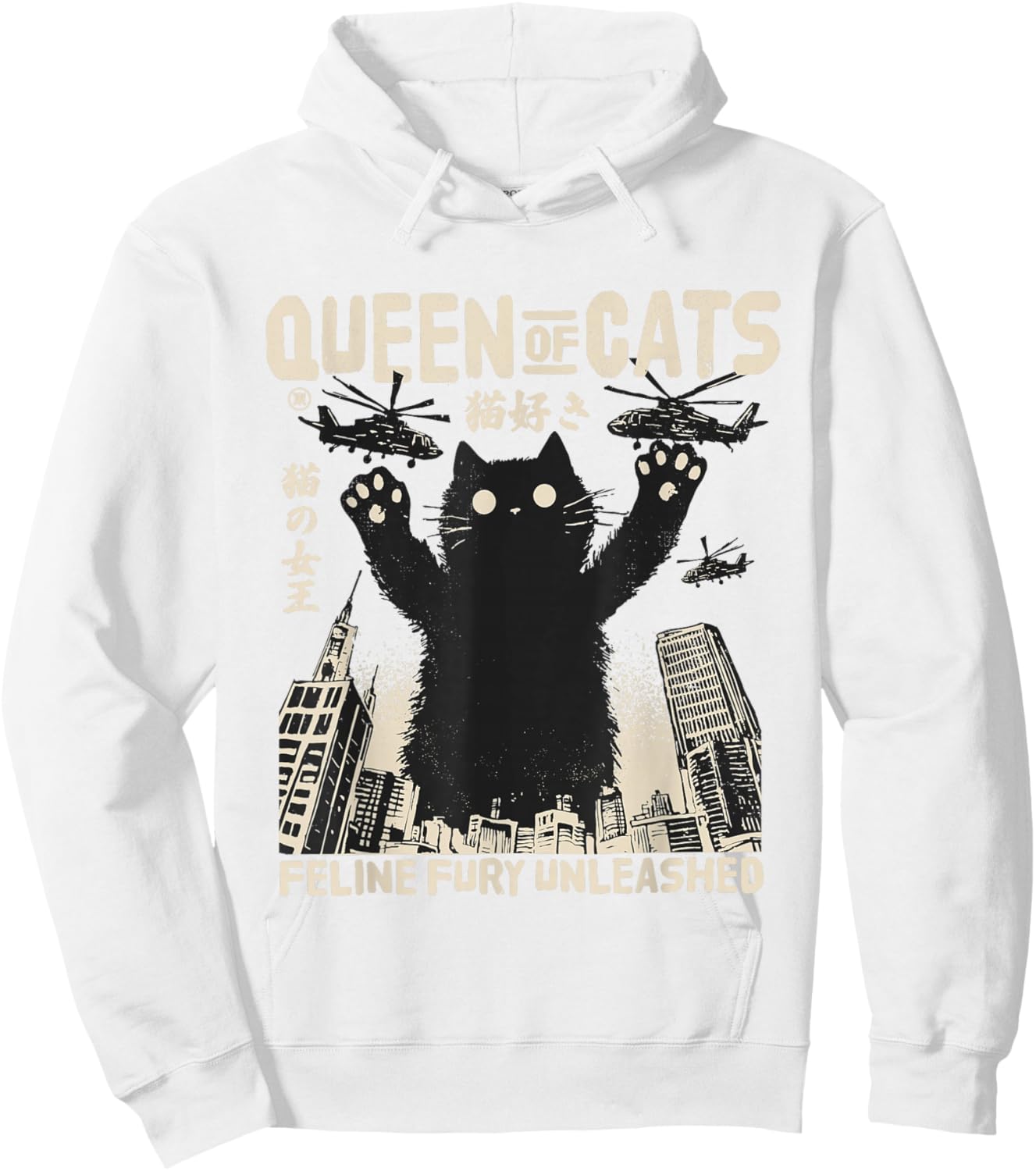 Retro Japan Aesthetic Queen Of Cats Black Monster Cat Hoodie - Hoodie | White