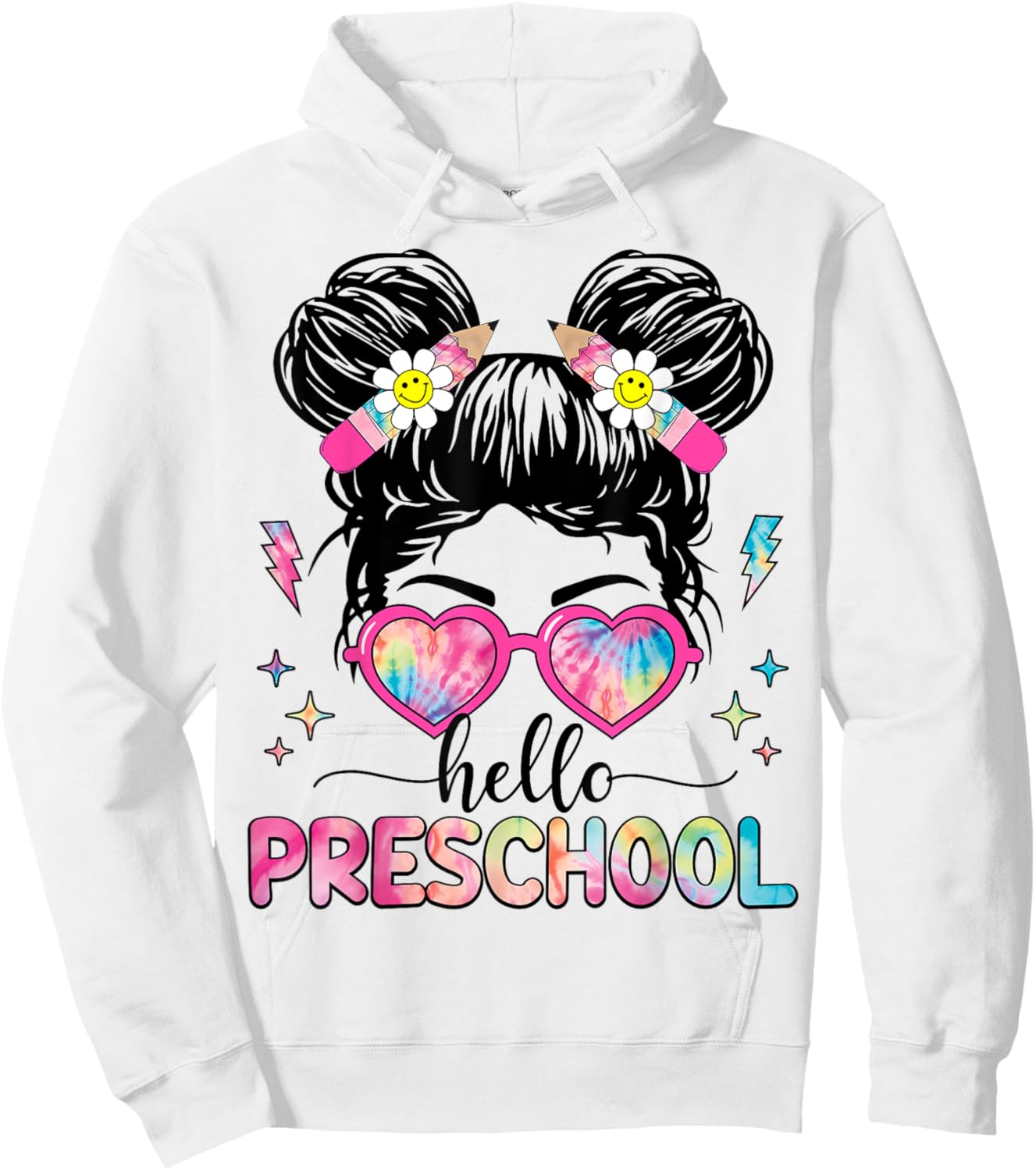 Hello Preschool Messy Bun Girl Back To School First Day Hoodie - Hoodie | White