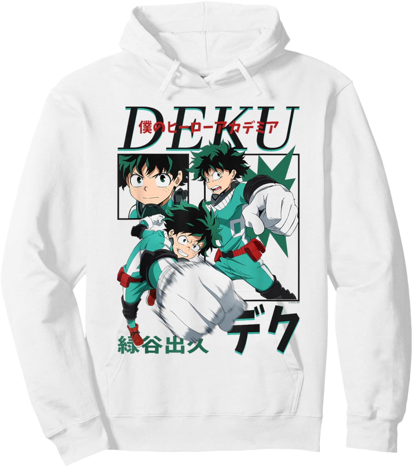 My Hero Academia Deku Action Poses Collage with Kanji Anime Hoodie - Hoodie | White