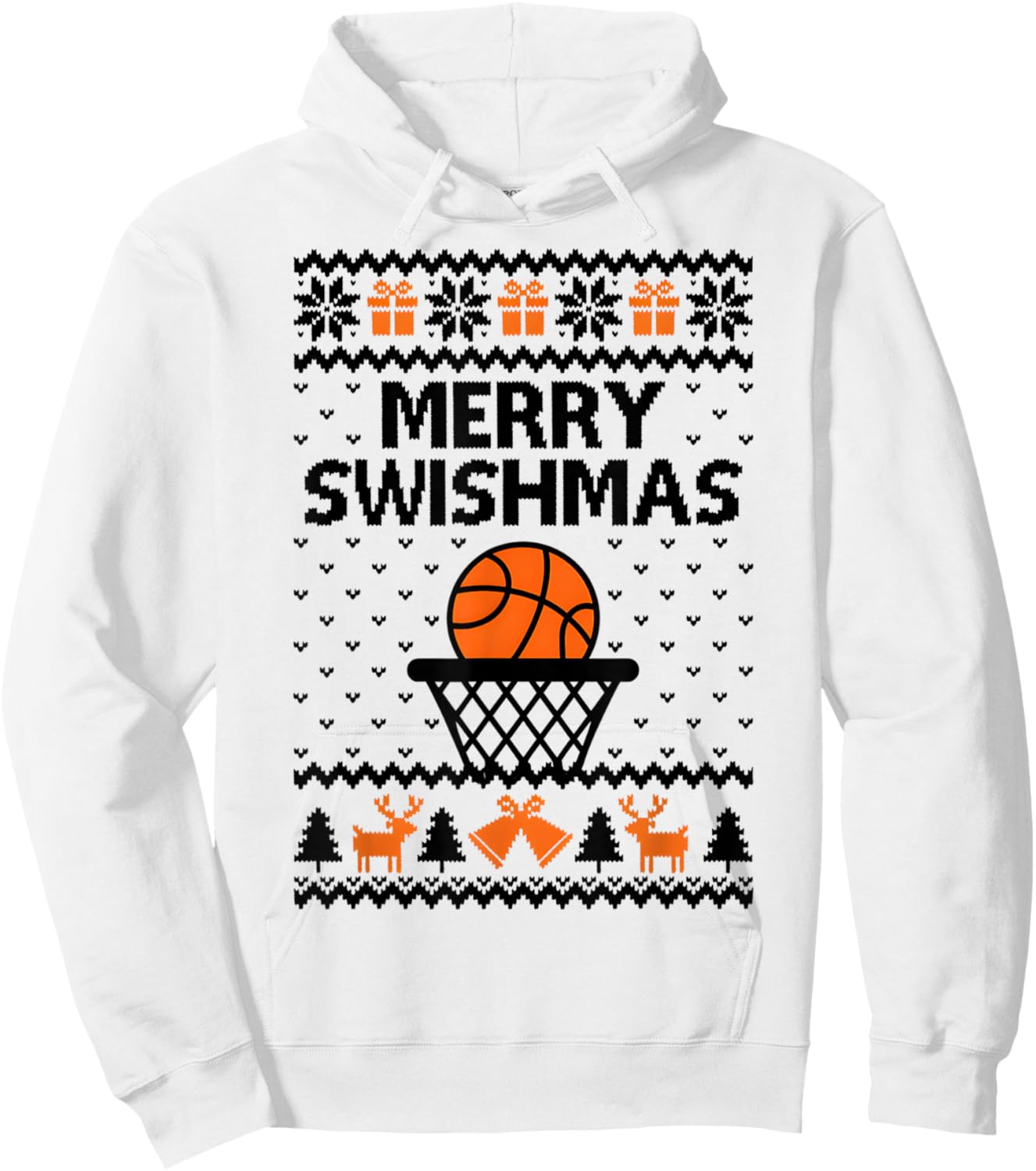 Merry Swishmas X-Mas Basketball Ugly Christmas Sweater Style Hoodie - Hoodie | White