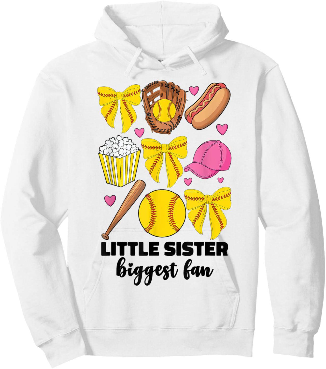 Little Sister Biggest Fan Softball Teen Girls Coquette Bow Hoodie - Hoodie | White
