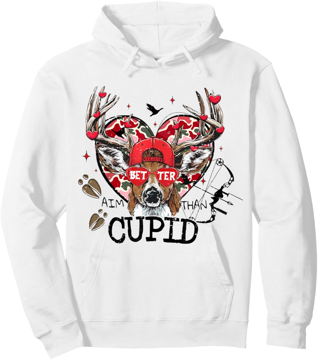 Vintage Better Aim Than Cupid Deer Camo Hunting Valentine Hoodie - Hoodie | White