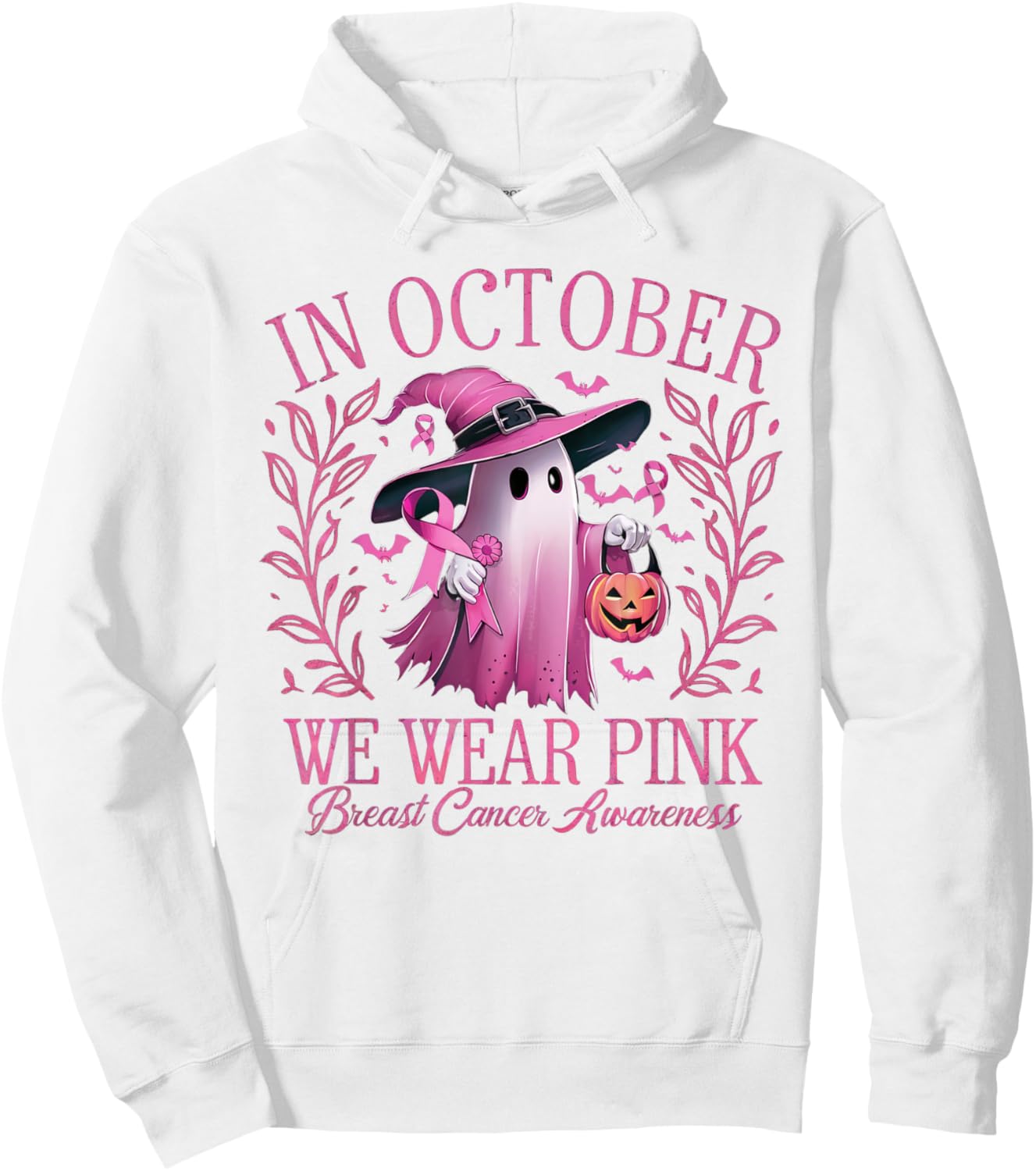 In October We Wear Pink Breast Cancer Awareness Halloween Hoodie - Hoodie | White