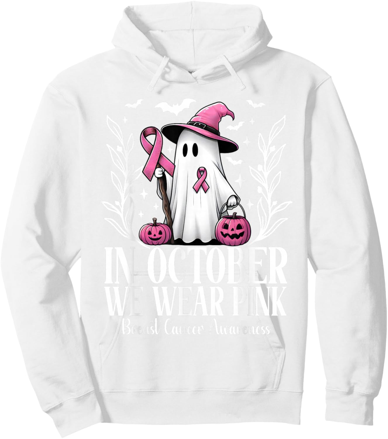 In October We Wear Pink Breast Cancer Ghost Witch Halloween Hoodie - Hoodie | White