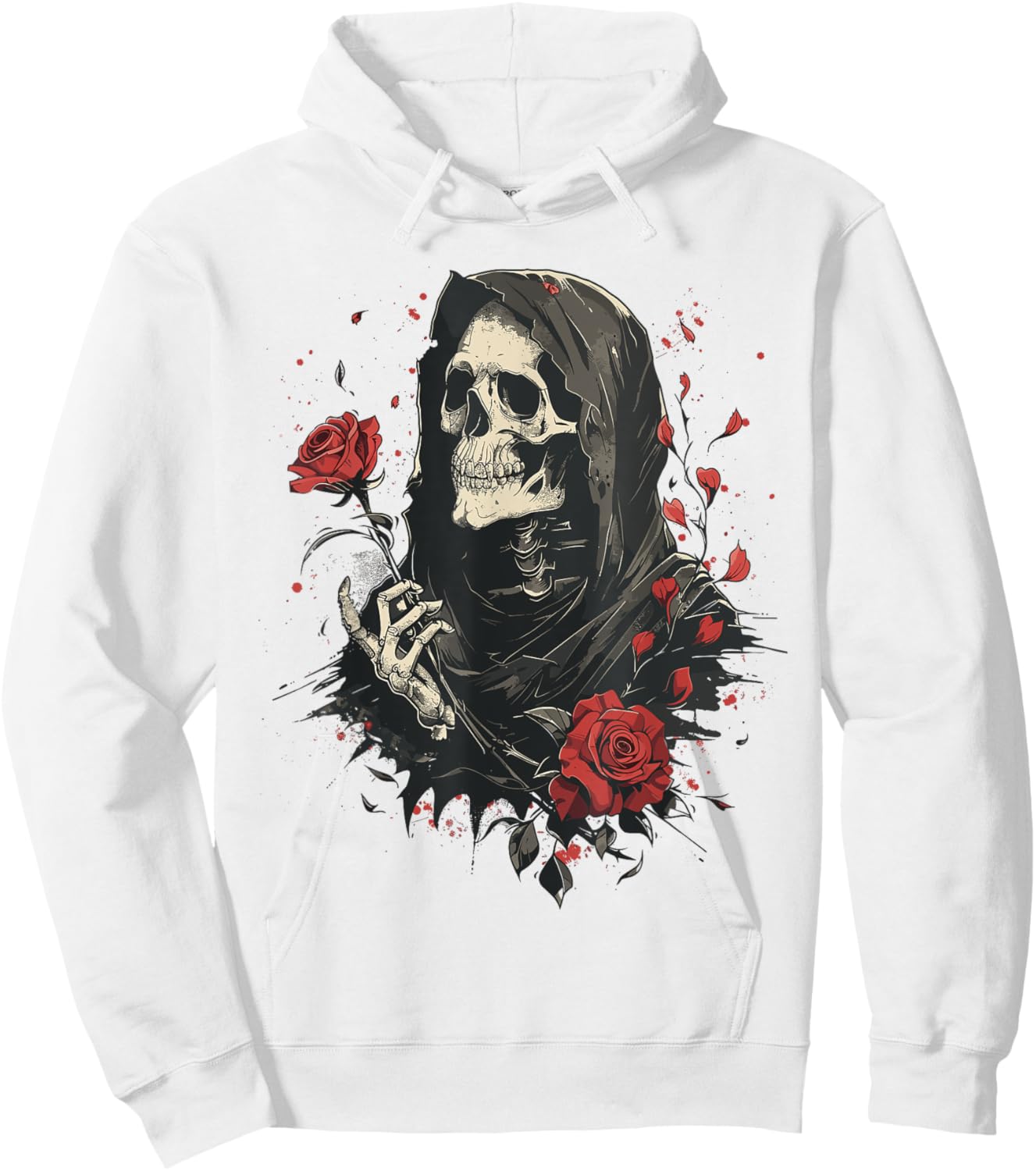 Gothic Skeleton holding a Rose, Vintage Floral Halloween Hoodie - Hoodie | White