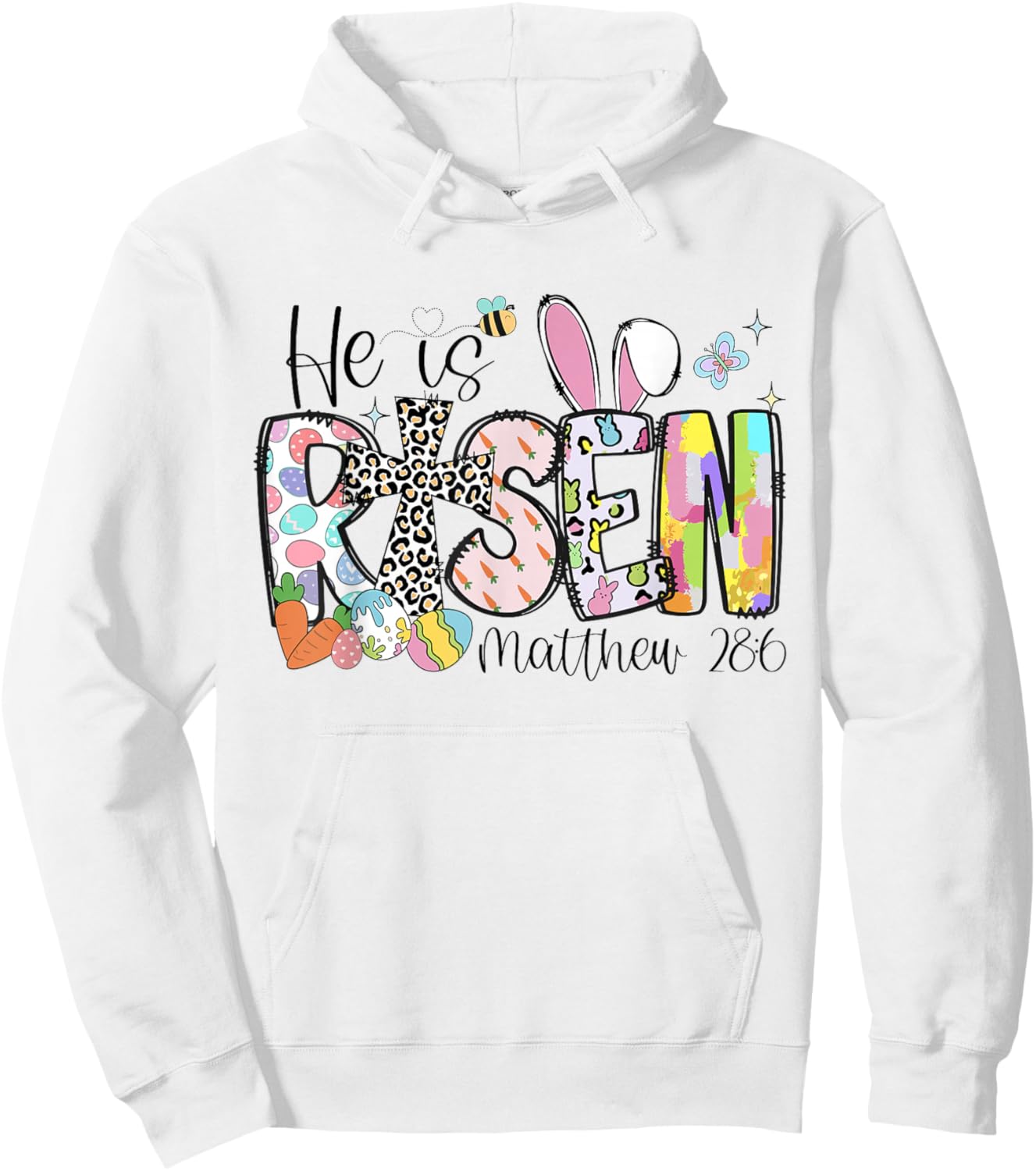 He Is Risen Easter Bunny Bible Verse Christian Cross Faith Hoodie - Hoodie | White