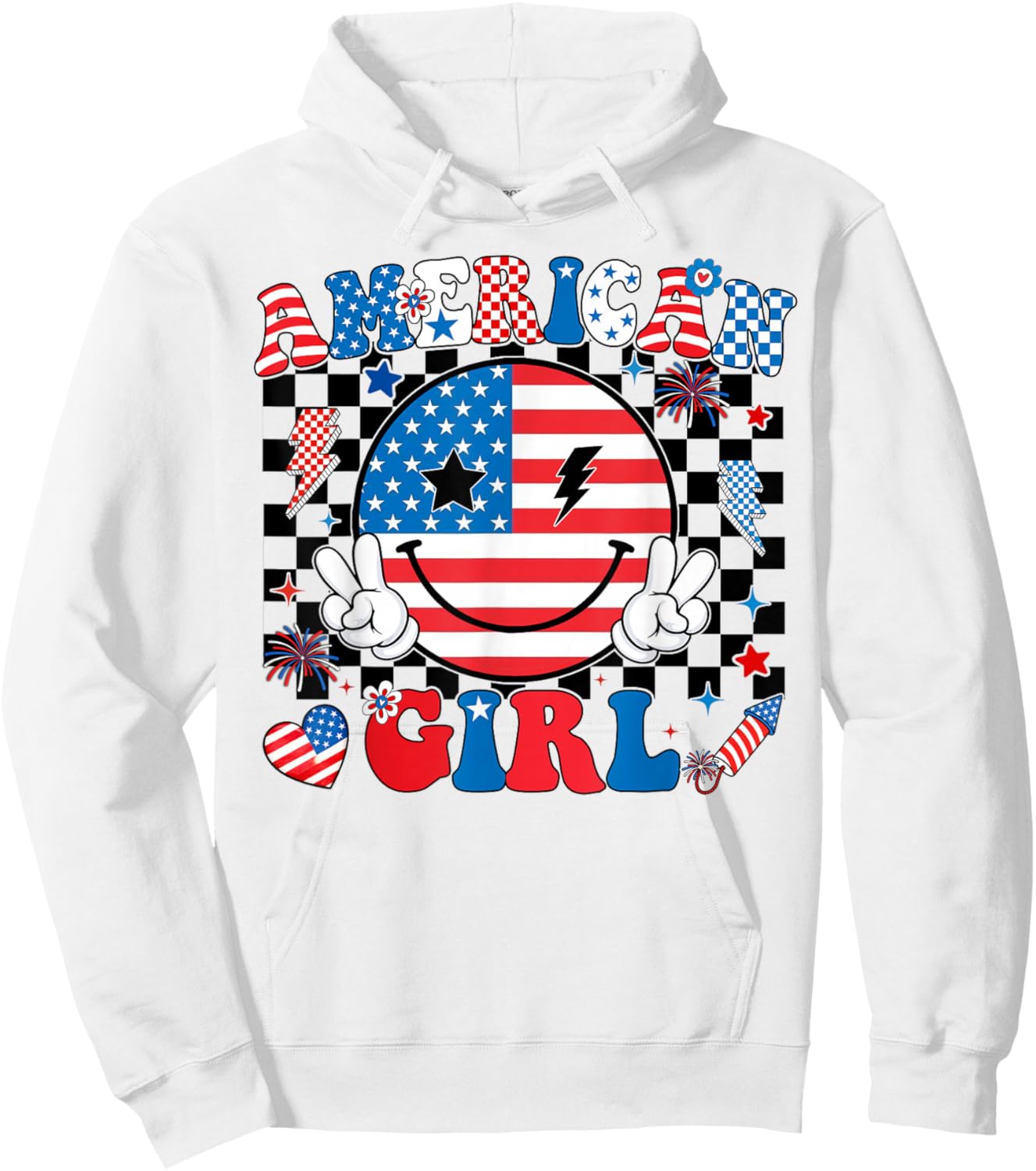 Groovy American Girl Smile Face 4th of July Shirts Women Hoodie - Hoodie | White