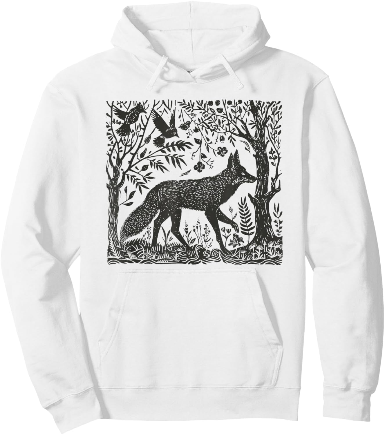 Folklore Forest Fox Lino Print Hoodie - Hoodie | White