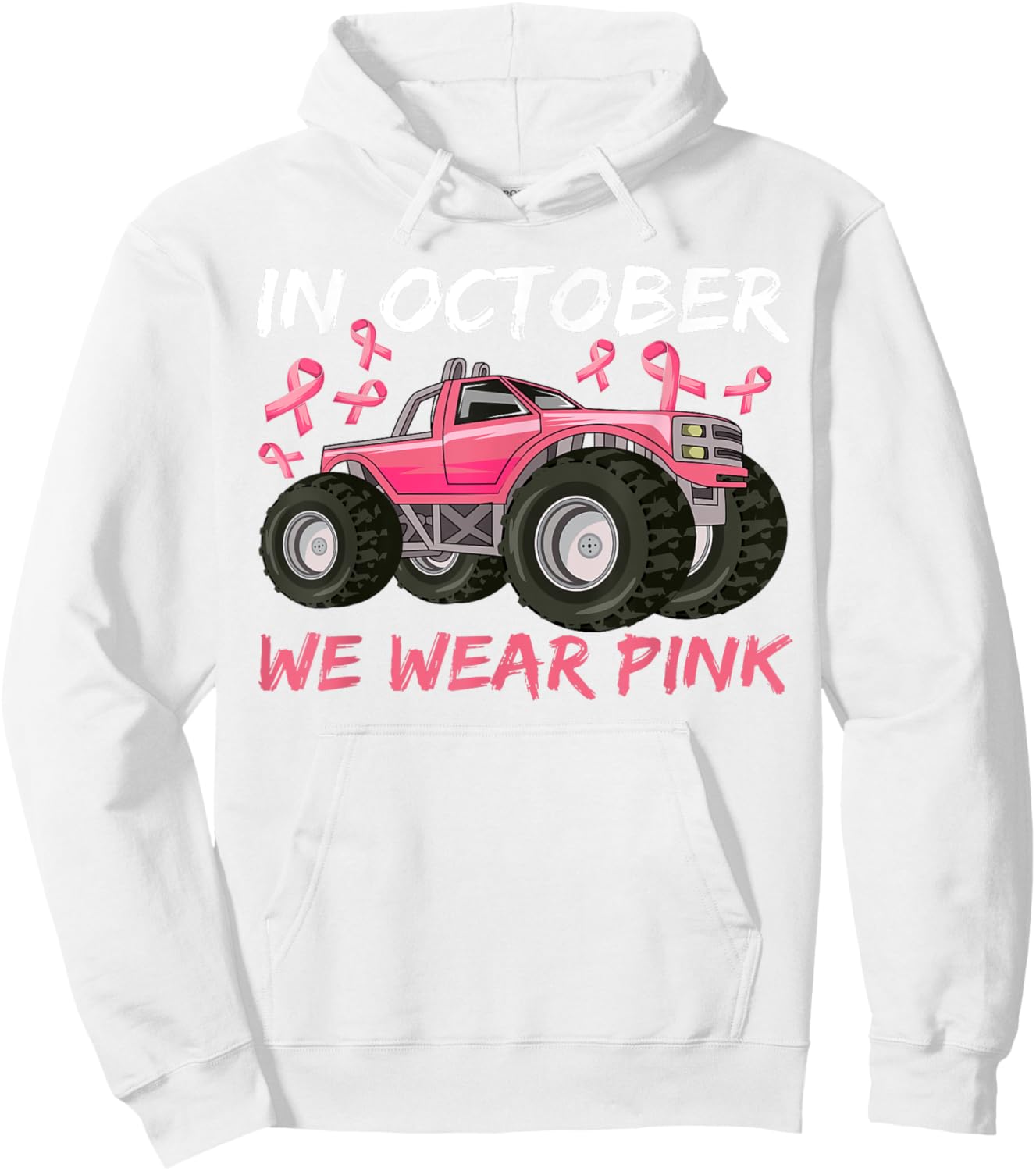 Boys Breast Cancer In October We Wear Pink Monster truck Hoodie - Hoodie | White