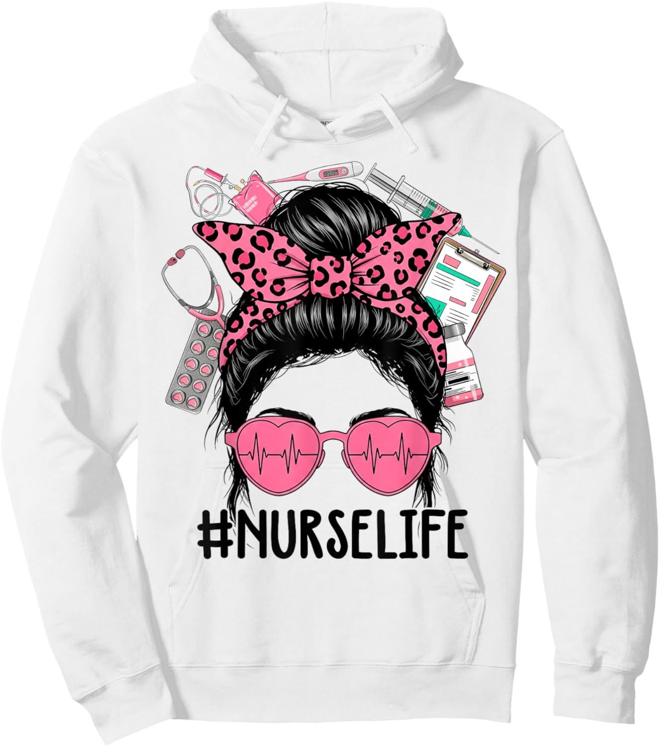 Nurse Life Pink Leopard Messy Bun Nurse Week Girl Women Hoodie - Hoodie | White