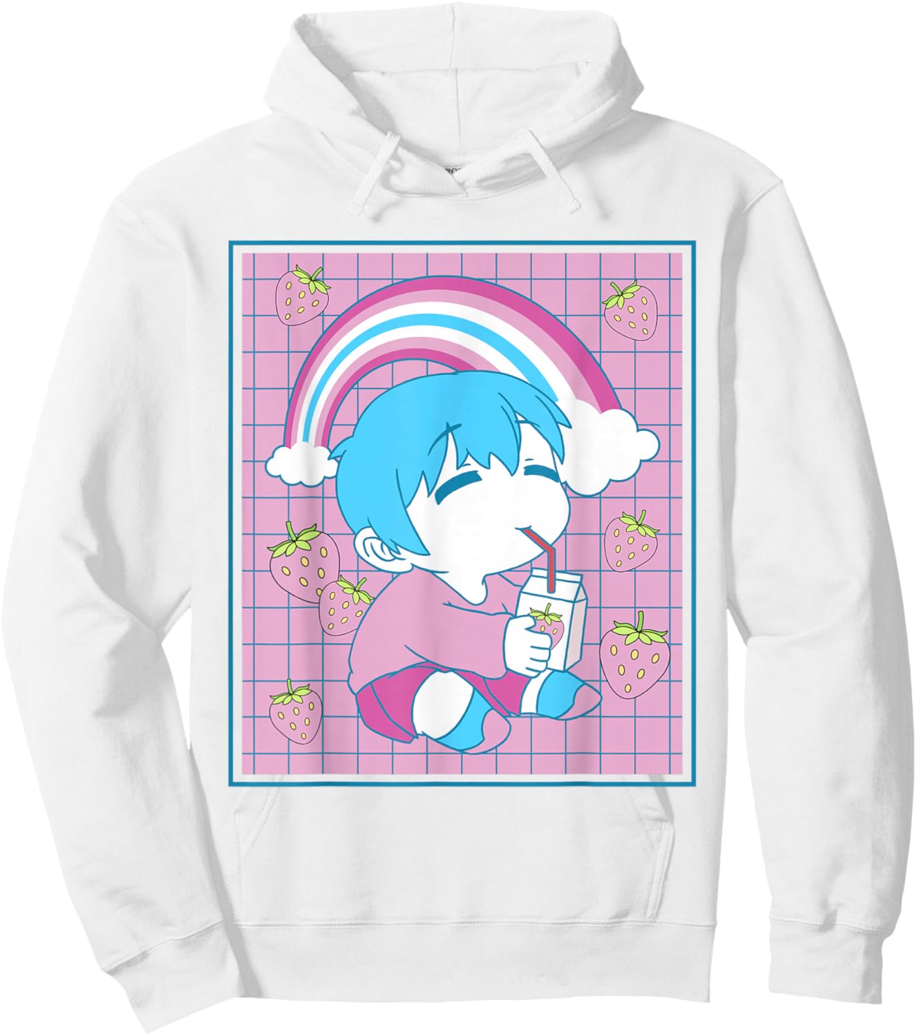 Femboy Chibi Anime Boy Drinking Japanese Strawberry Milk Hoodie - Hoodie | White