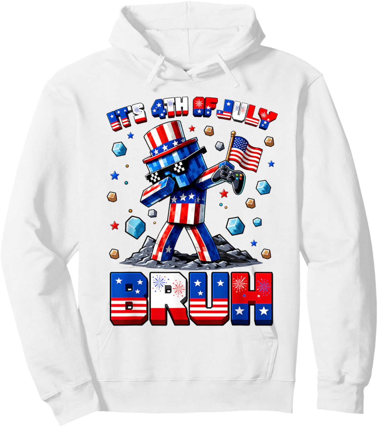Bruh 4th of July Boys Kids Gaming Gamer USA Flag 4th of July Hoodie - Hoodie | White