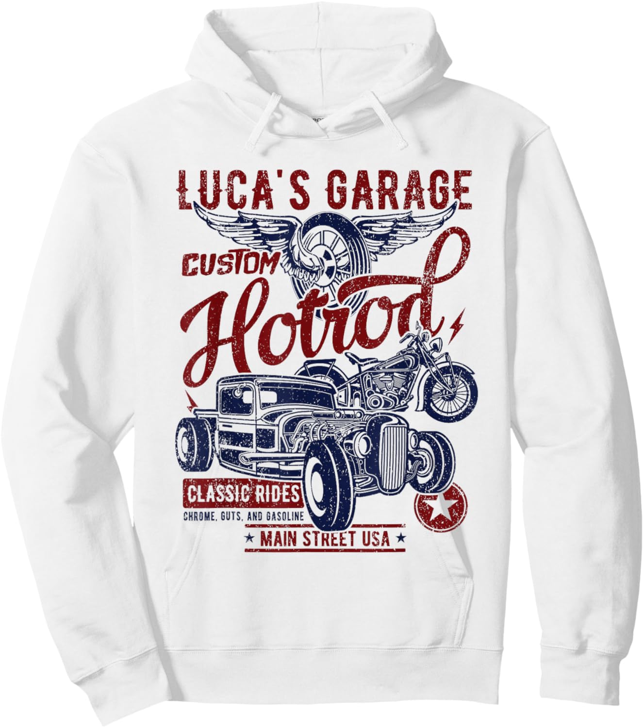 Luca's Garage Hotrod Classic Rides Distressed Design Hoodie - Hoodie | White