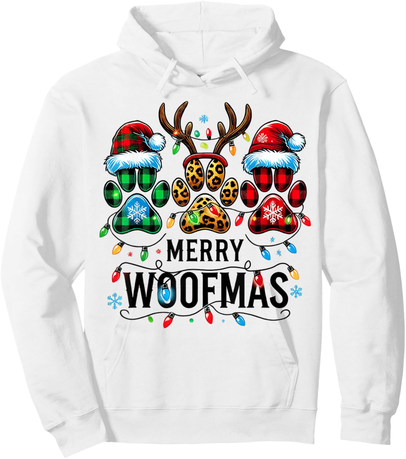 Merry Woofmas Dog Paw Christmas Lights Xmas Reindeer Santa Men Women Kids Hoodie - Hoodie | White
