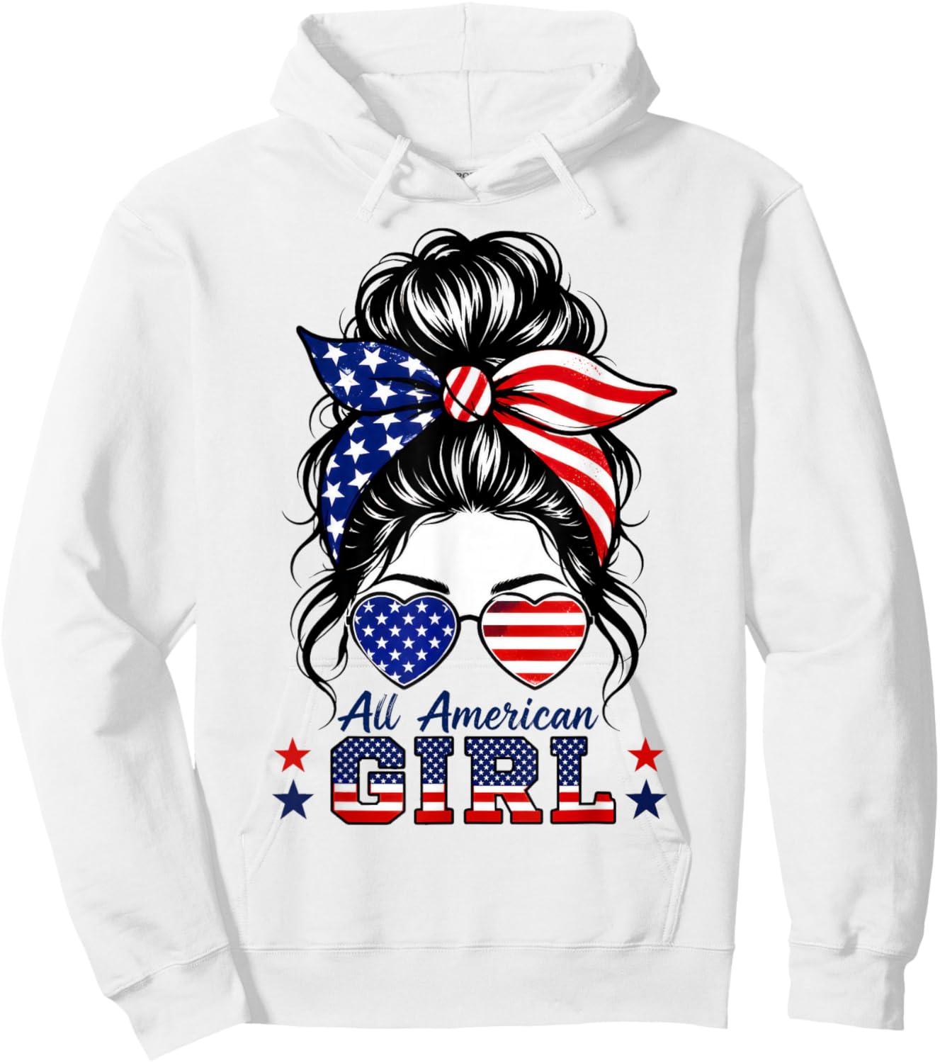 4th of July Shirts All American Girl Messy Bun American Flag Hoodie - Hoodie | White