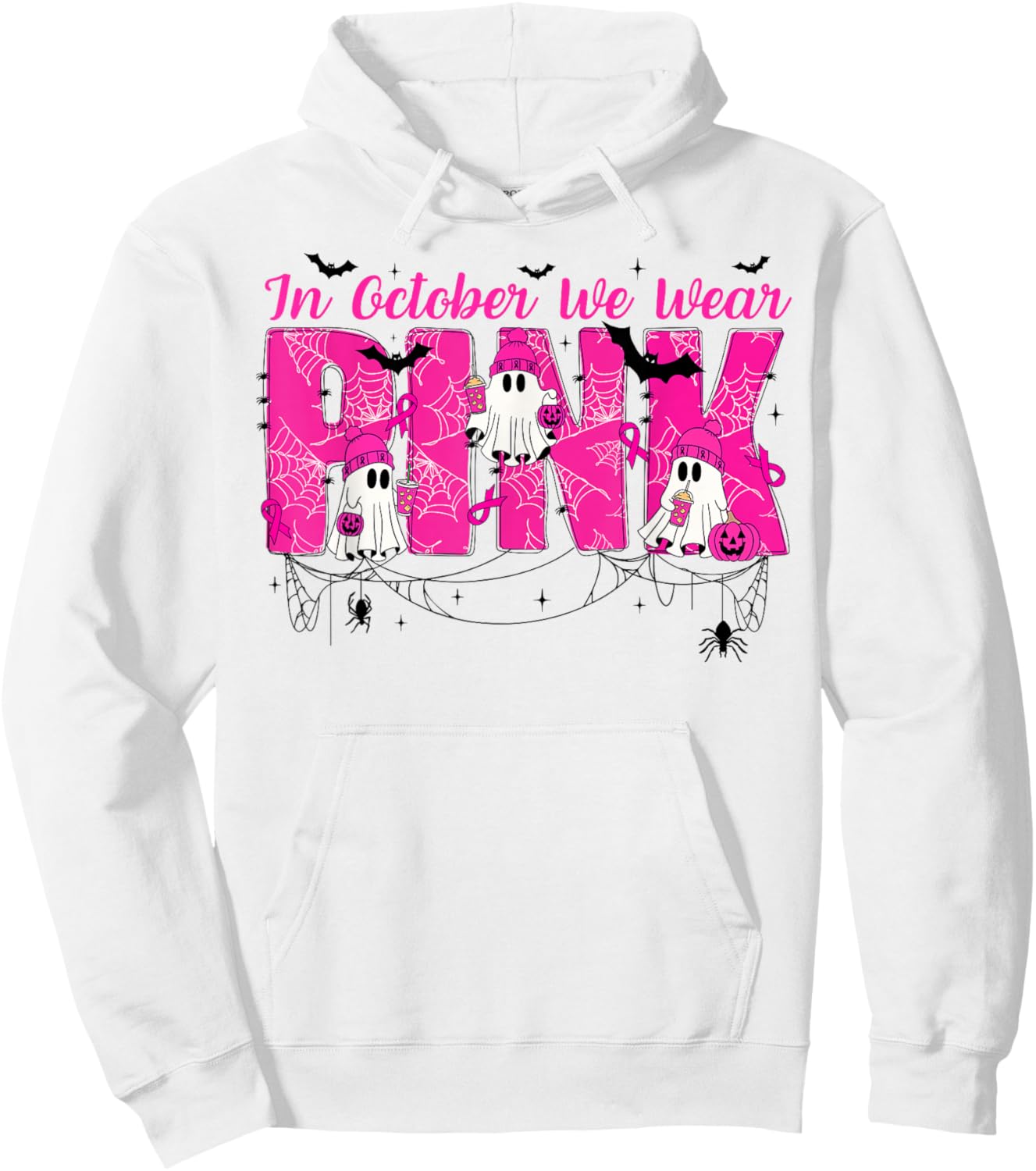 We Wear Pink in October Cute Ghost Breast Cancer Awareness Hoodie - Hoodie | White