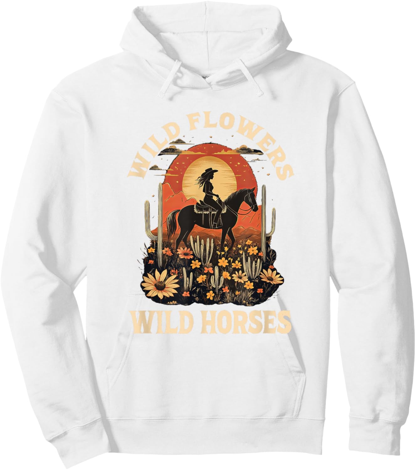 Western Sunset Cowgirl Riding Horse Wild Flowers Wild Horses Hoodie - Hoodie | White