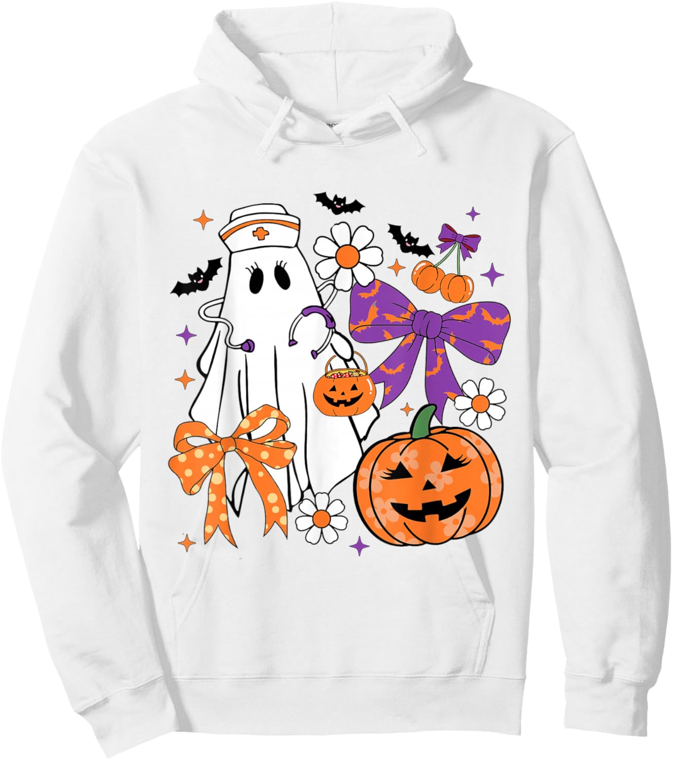 Halloween Ghost Nurse Coquette Bow Pumpkin Nursing Student Hoodie - Hoodie | White