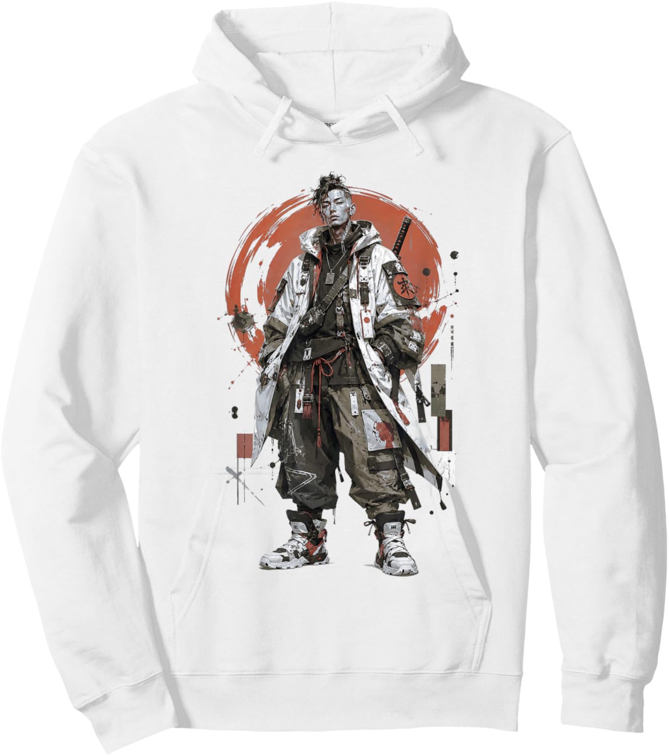 Urban Samurai Techwear Warrior Red Sun Street Art Hoodie - Hoodie | White