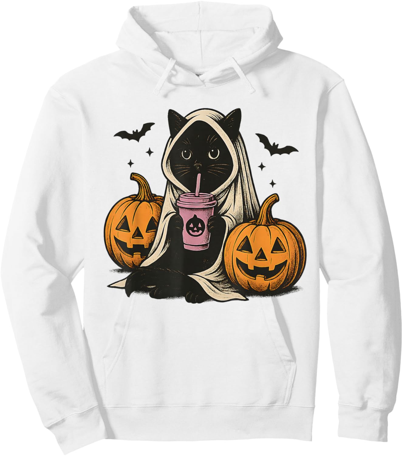 Black Cat Ghost Halloween Hoodie - Hoodie | White