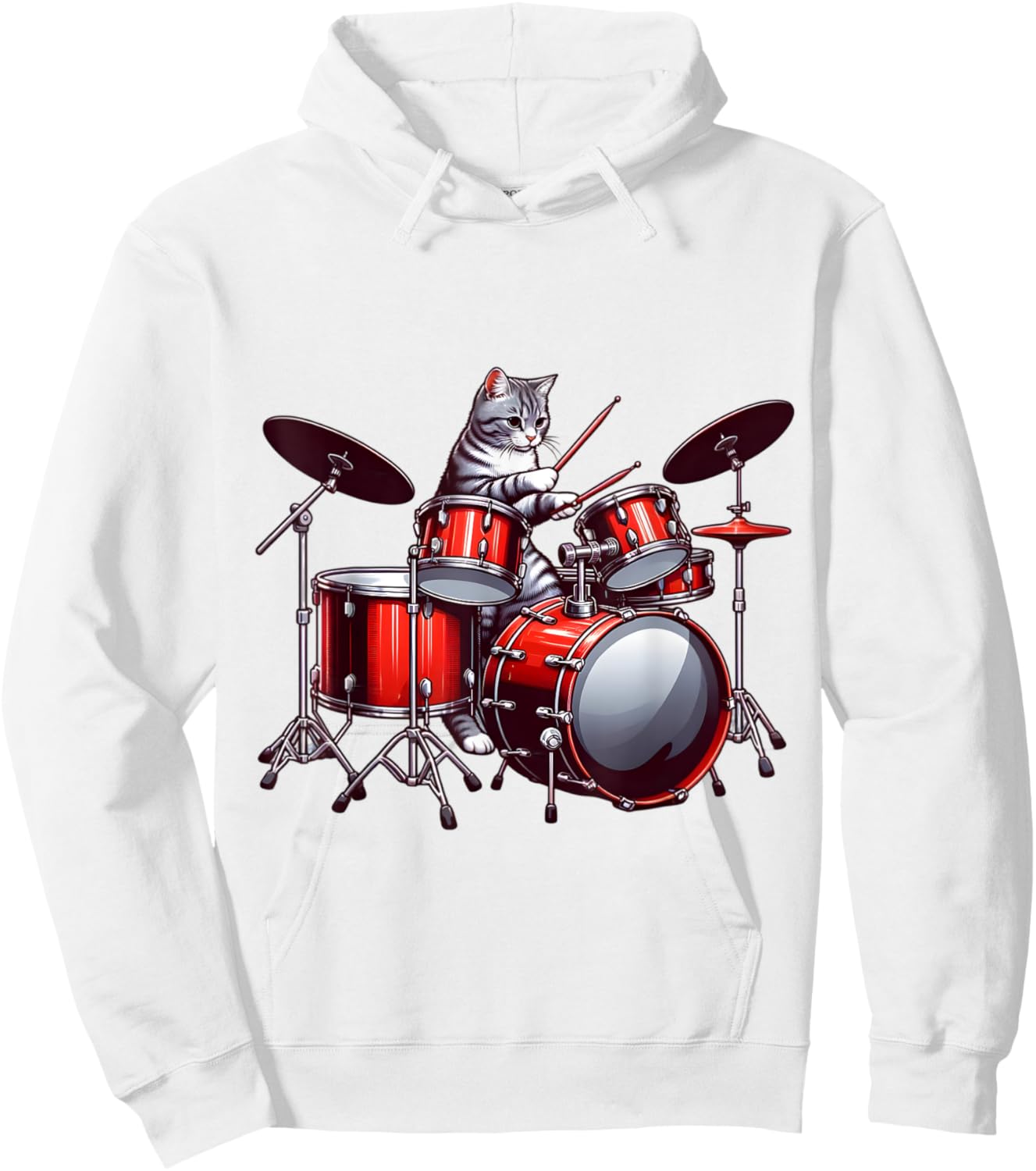 Cat Playing Drums Funny Percussionist Drummer Cat Graphic Hoodie - Hoodie | White