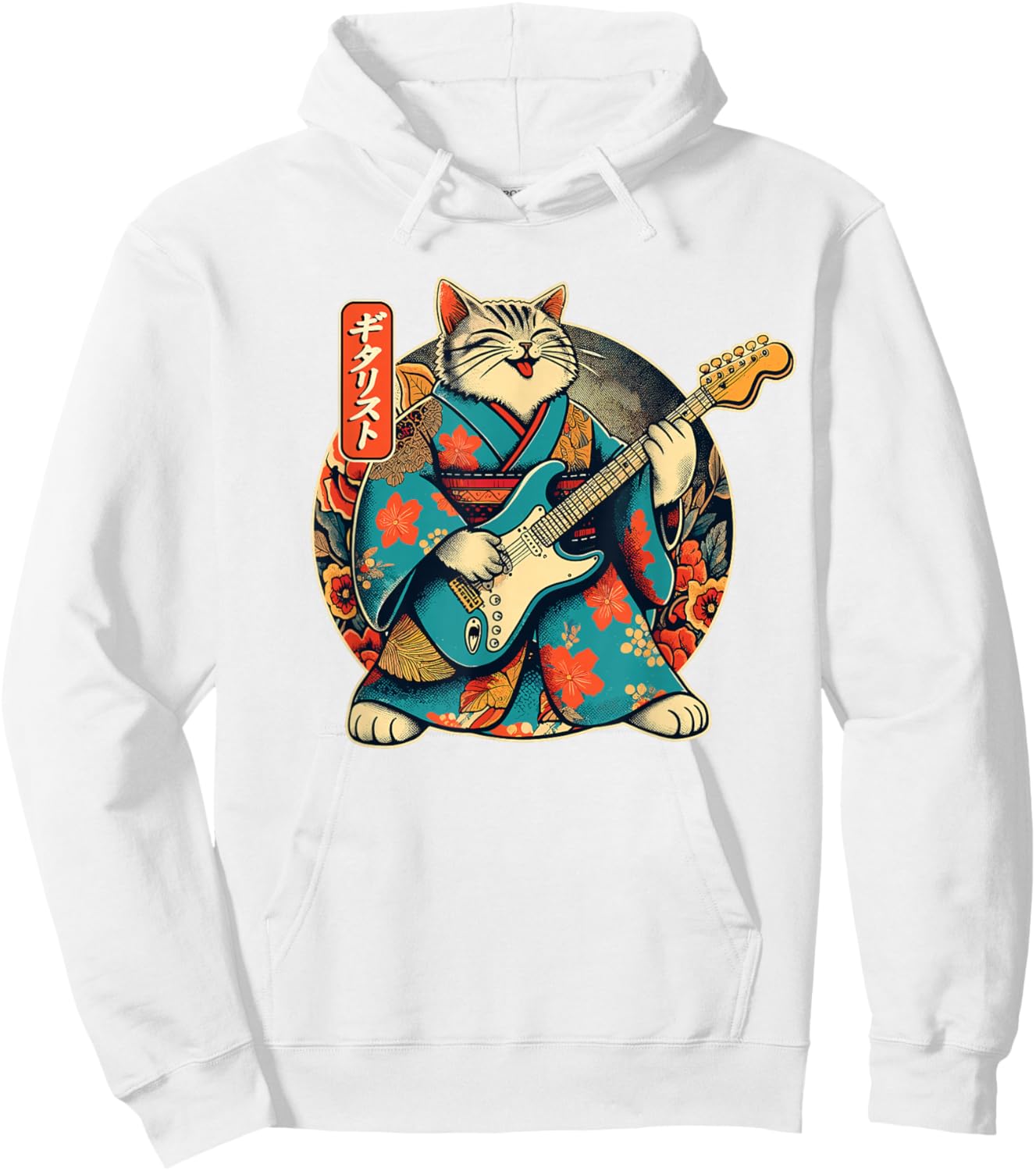 Japanese Samurai Cat Playing The Electric Guitar Hoodie - Hoodie | White