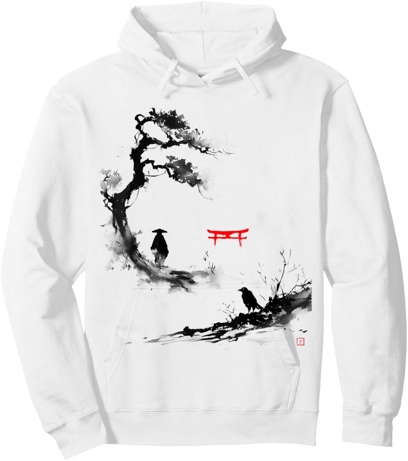 Samurai Zen Ink Art Japan Minimalism Raven Torii , White, S Hoodie - Hoodie | White