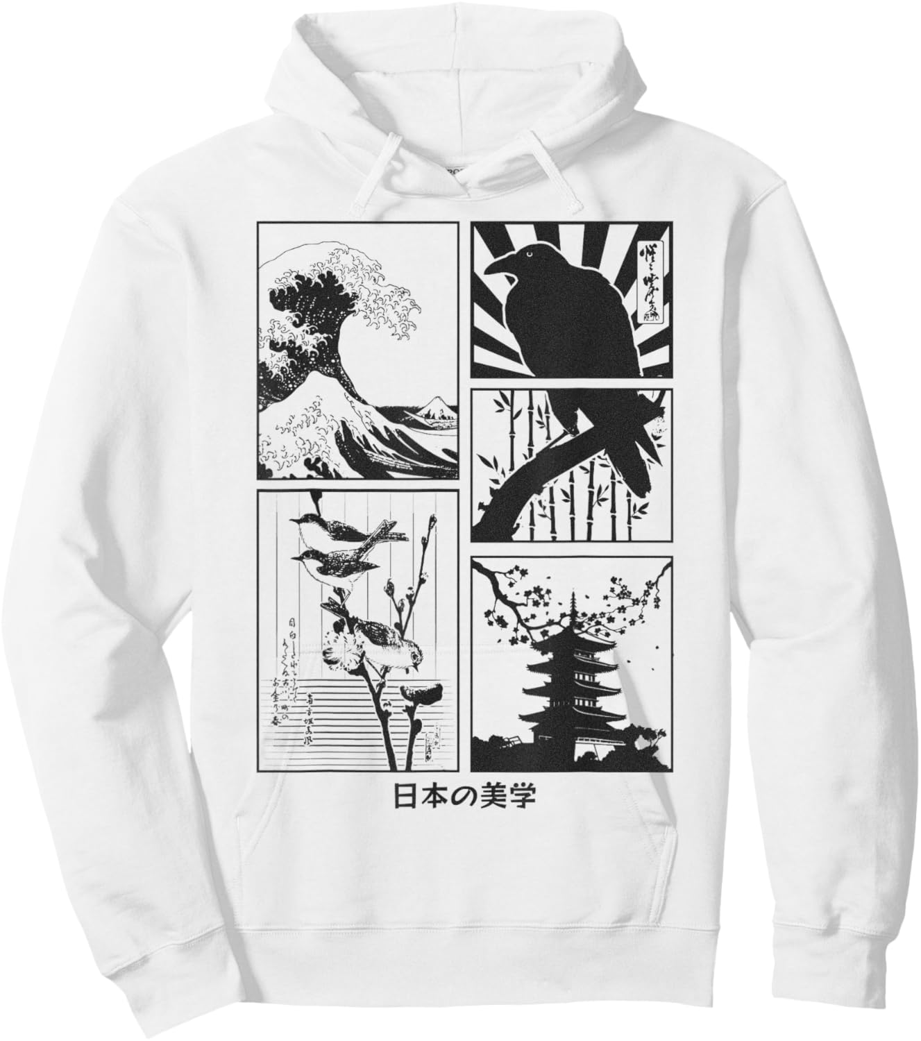 Japanese Art Birds on Cherry Blossom and Kyosai Crow Raven Hoodie - Hoodie | White