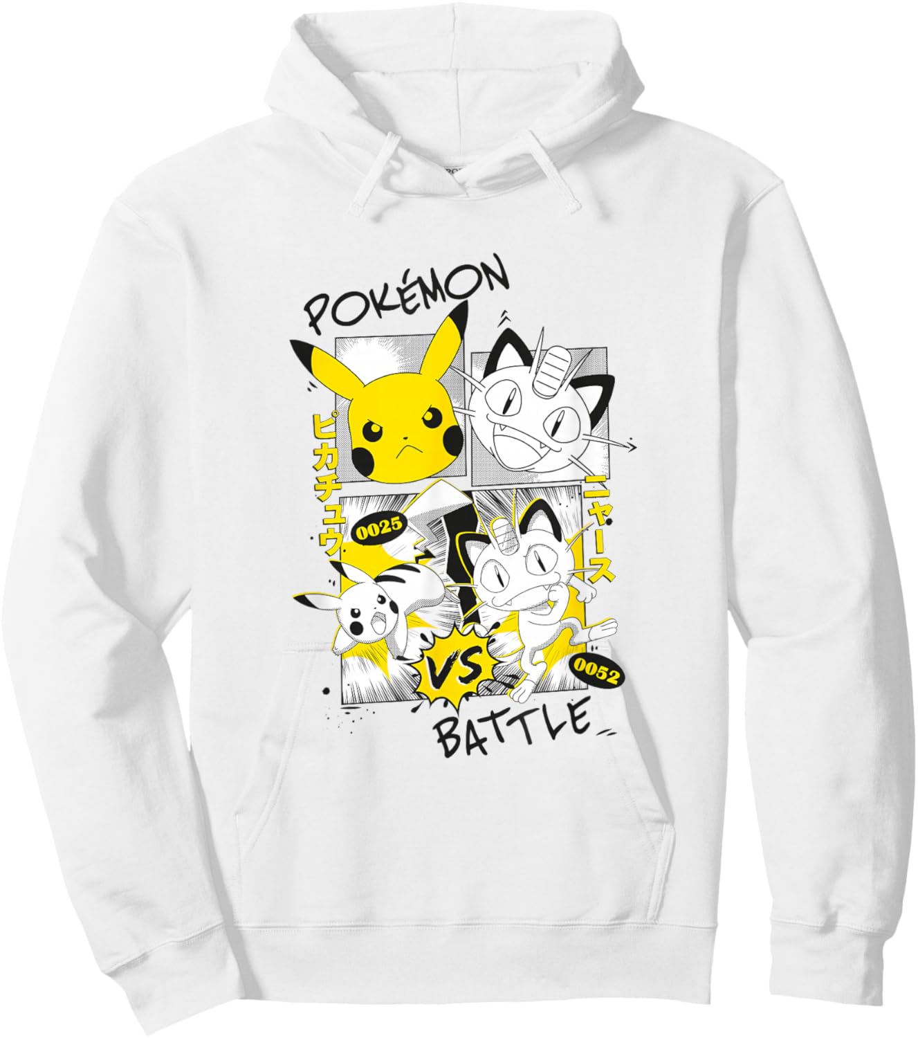 Pokémon Pikachu Vs Meowth Retro Panels Kanji Big Chest Hoodie - Hoodie | White
