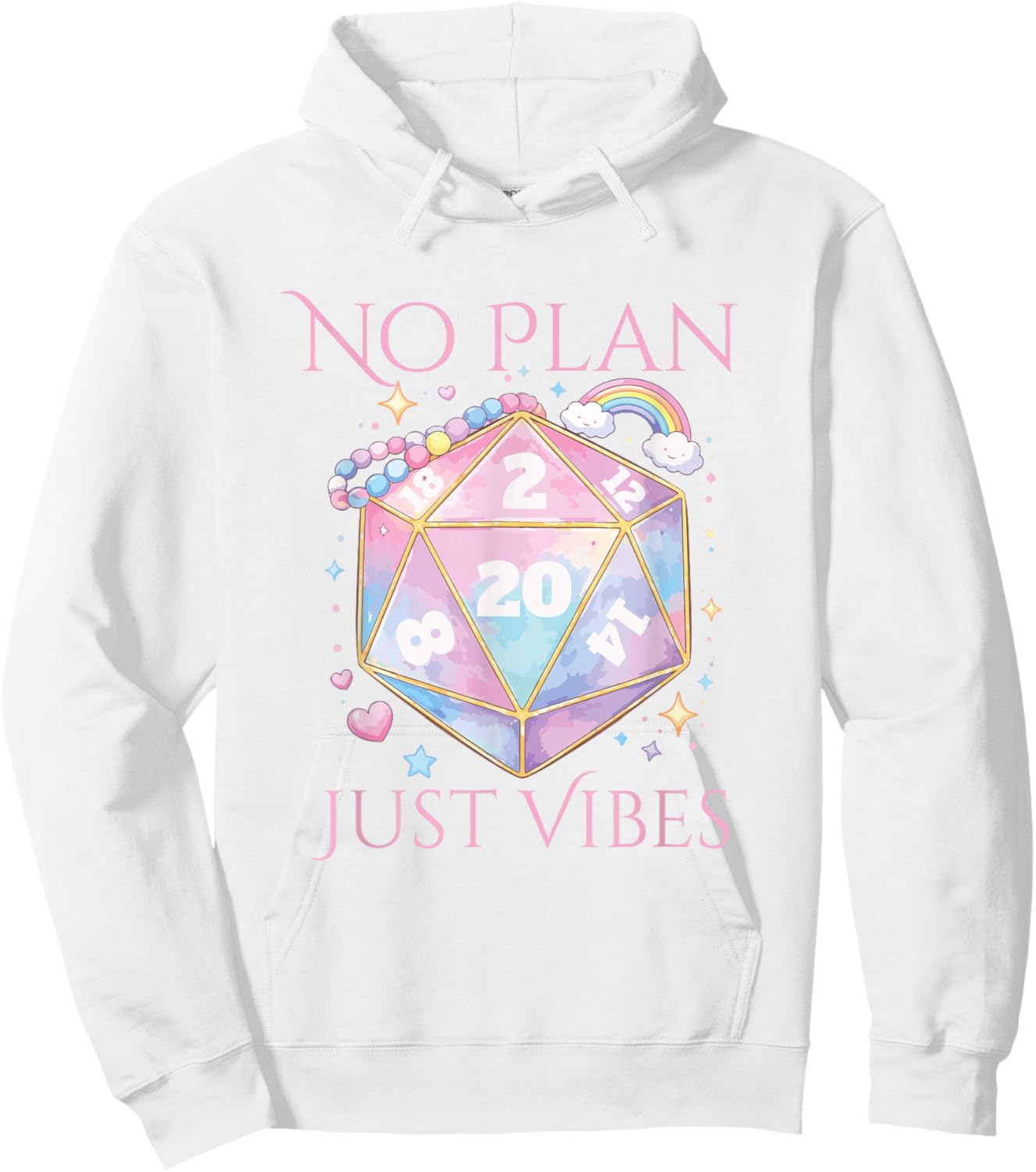 Whimsical D20 Dice Design with No Plan Just Vibes Aesthetic Hoodie - Hoodie | White